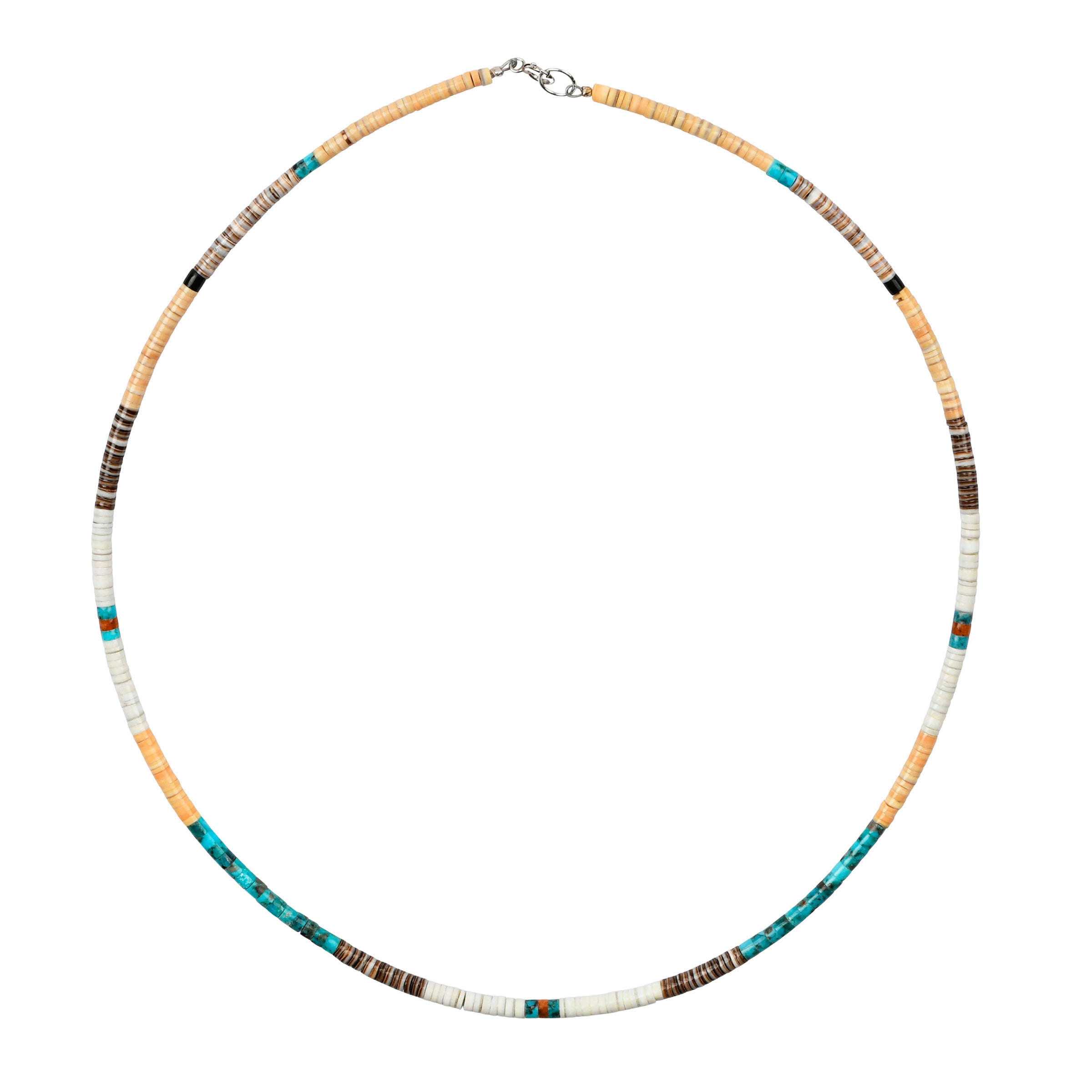 Calabaza Horizon Necklace with Heshi beads in turquoise, pipestone, shell and jet