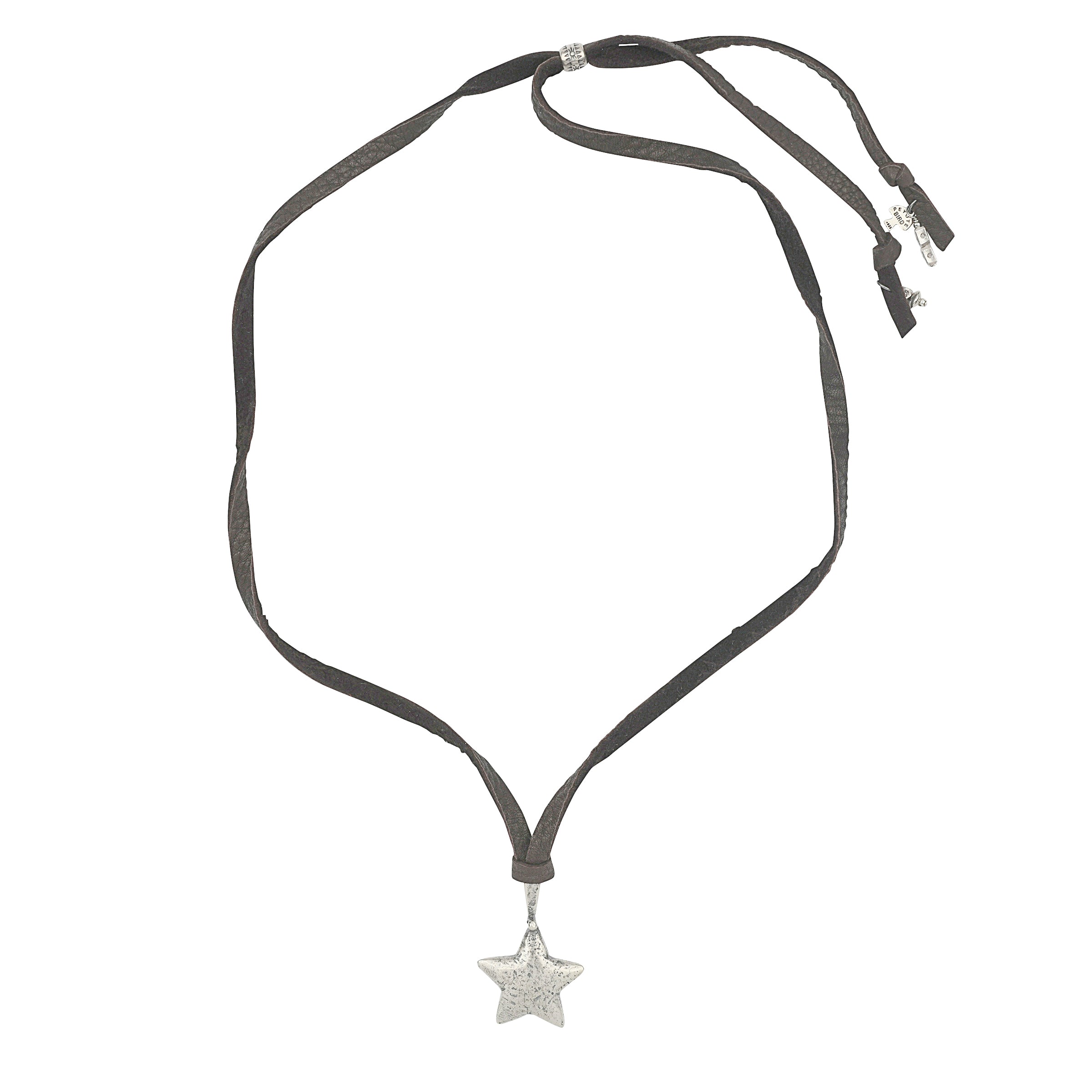 Sterling silver star pendant on brown leather with silver slider bead and charms in silver at end. 