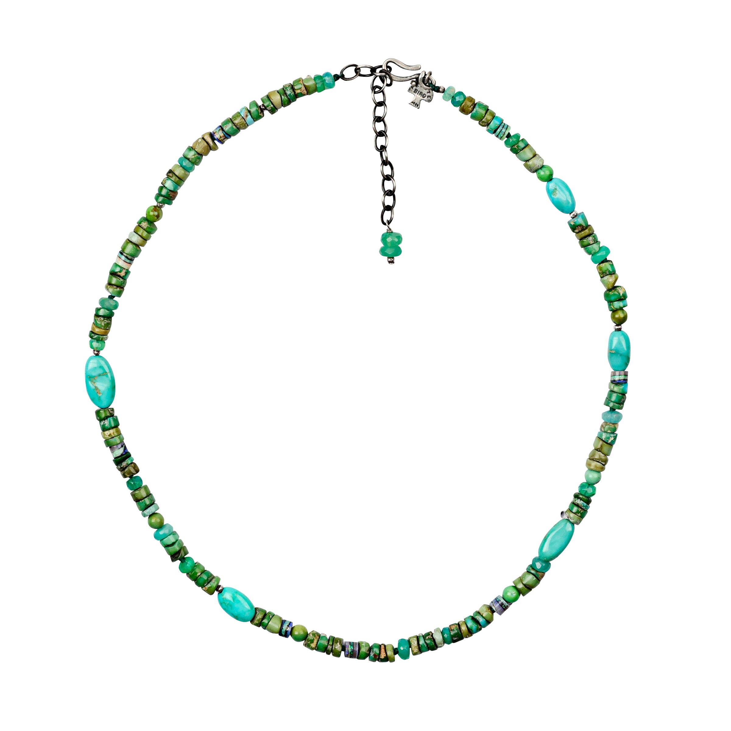 Green turquoise beads with larger nuggets of blue turquoise necklace with hook closure and sterling silver extender chain with beads on end. 