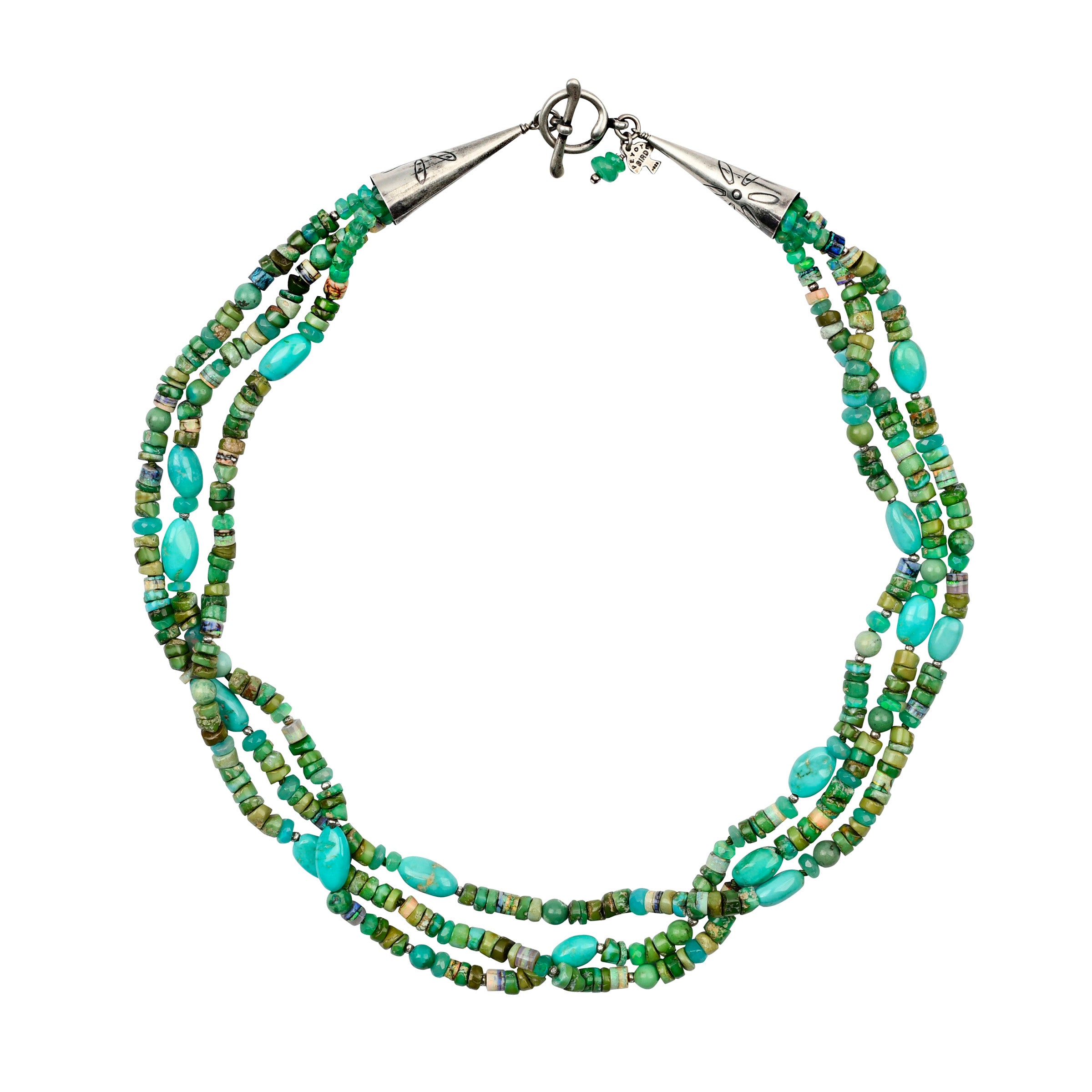 3 strand necklace with green and turquoise stones with large silver caps and toggle closure