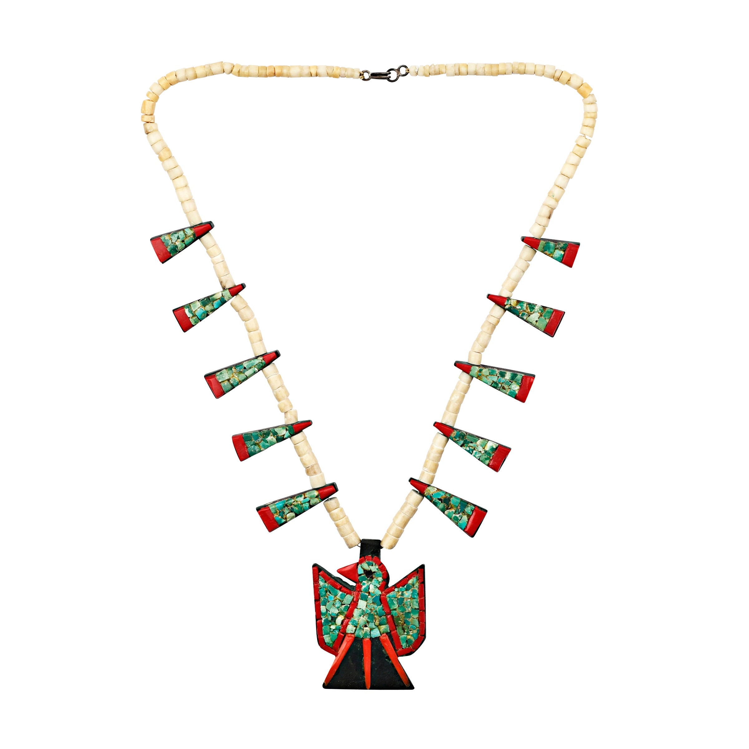 vintage handmade heishi necklace with thunderbird inlay pendant 