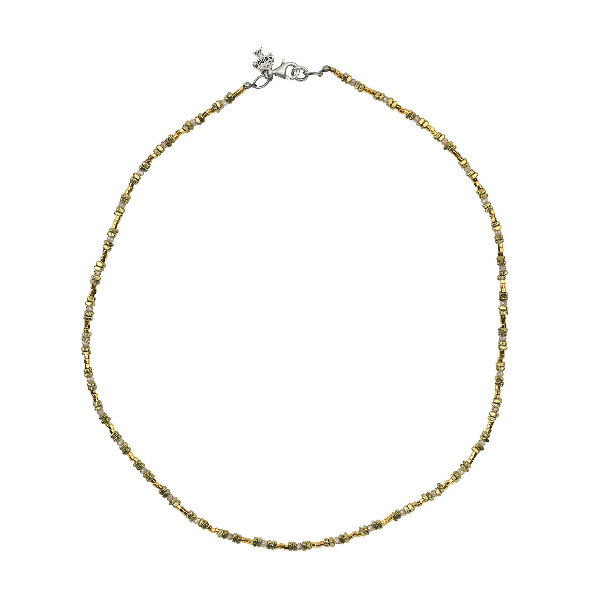 Gold tone beaded necklace with sterling silver lobster claw clasp. 