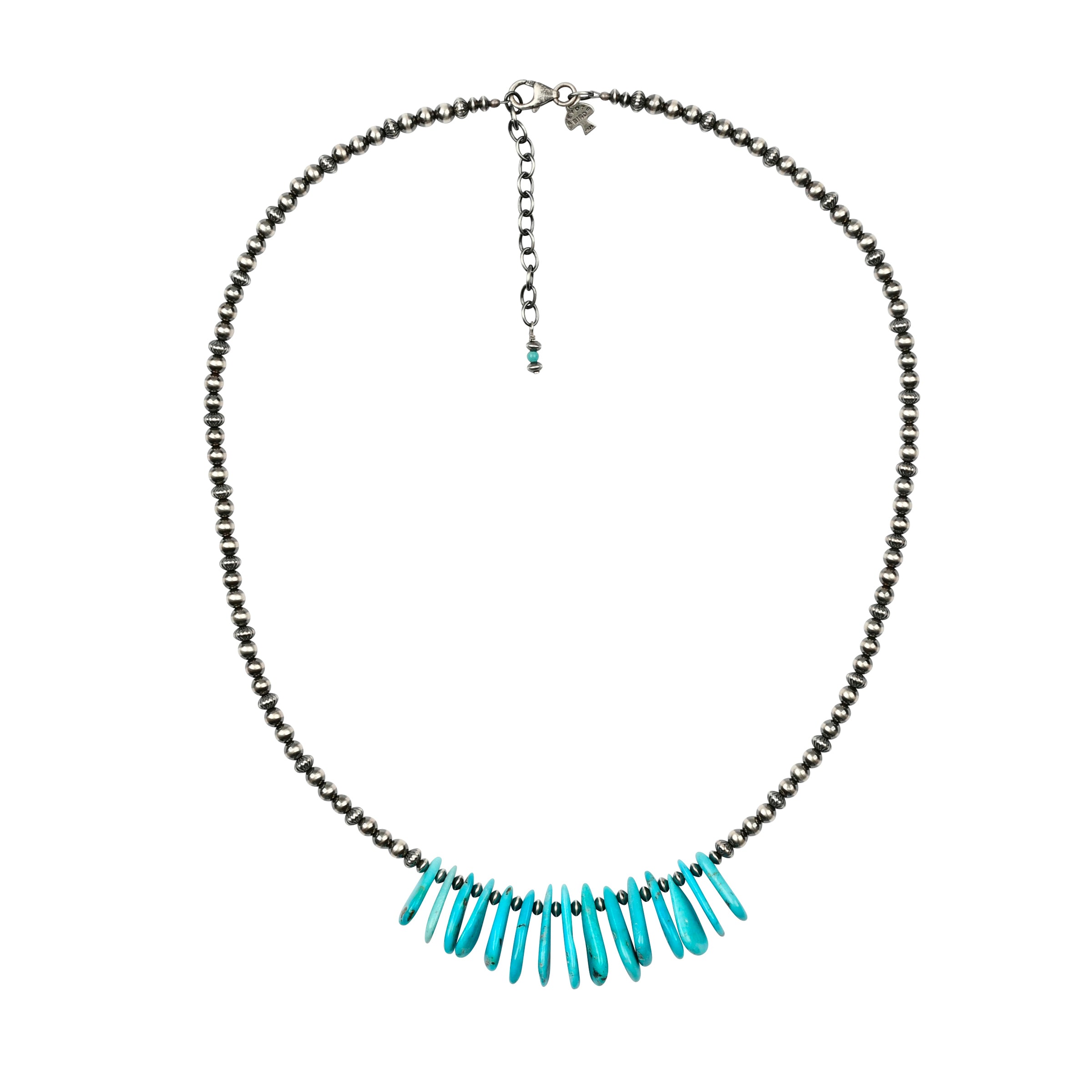 Sterling silver beaded necklace with turquoise tabs at center and extender chain with lobster claw closure. 