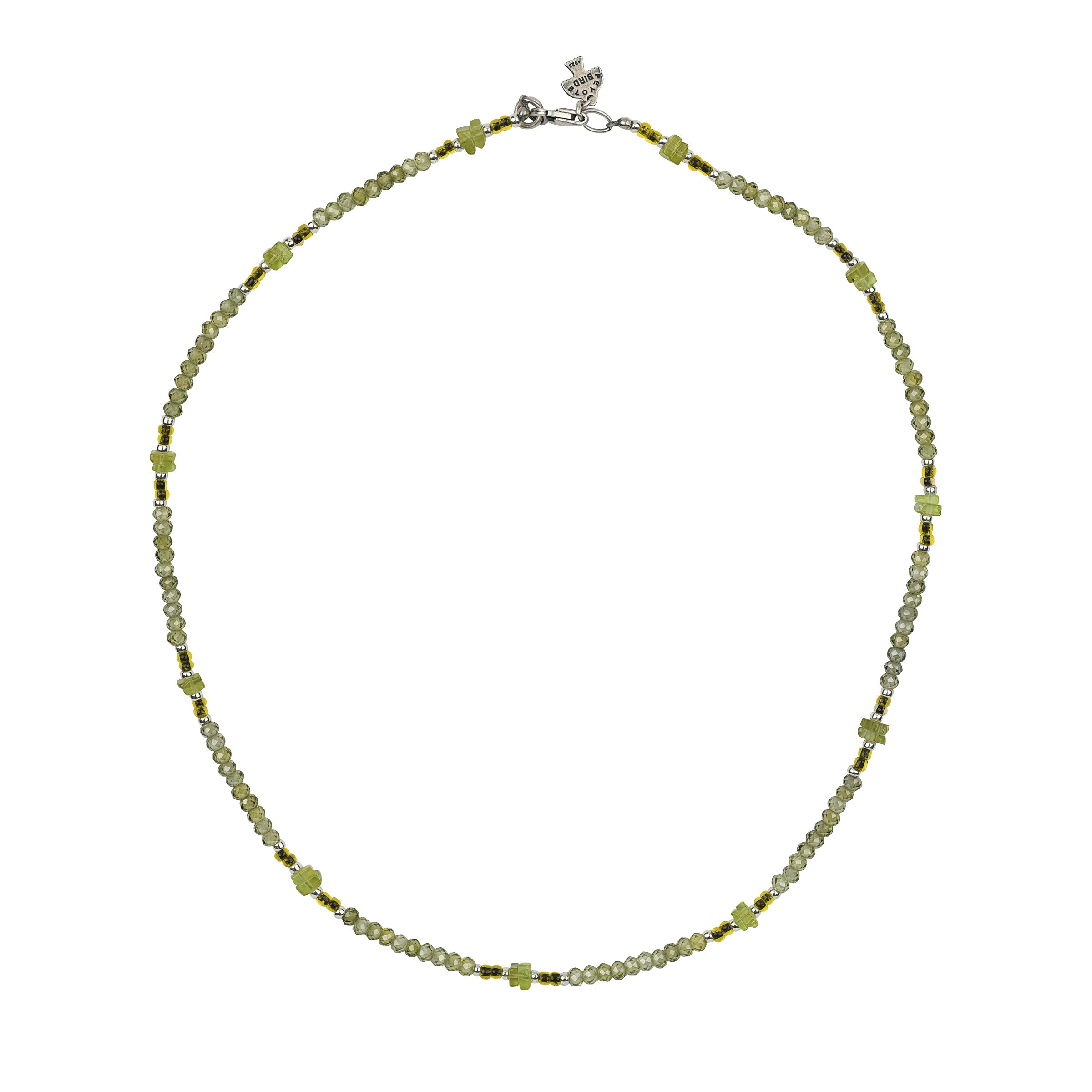 Green toned beaded necklace with sterling silver lobster claw clasp.