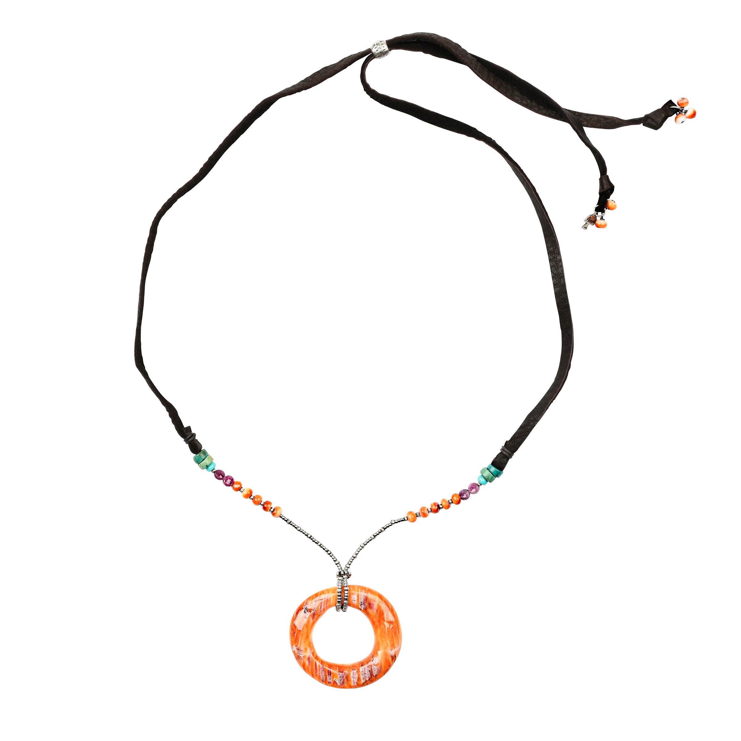 deerskin leather with adjustable bead and focal point pendant of circular orange spiny oyster shell circular carving with beads flanking the sides. 
