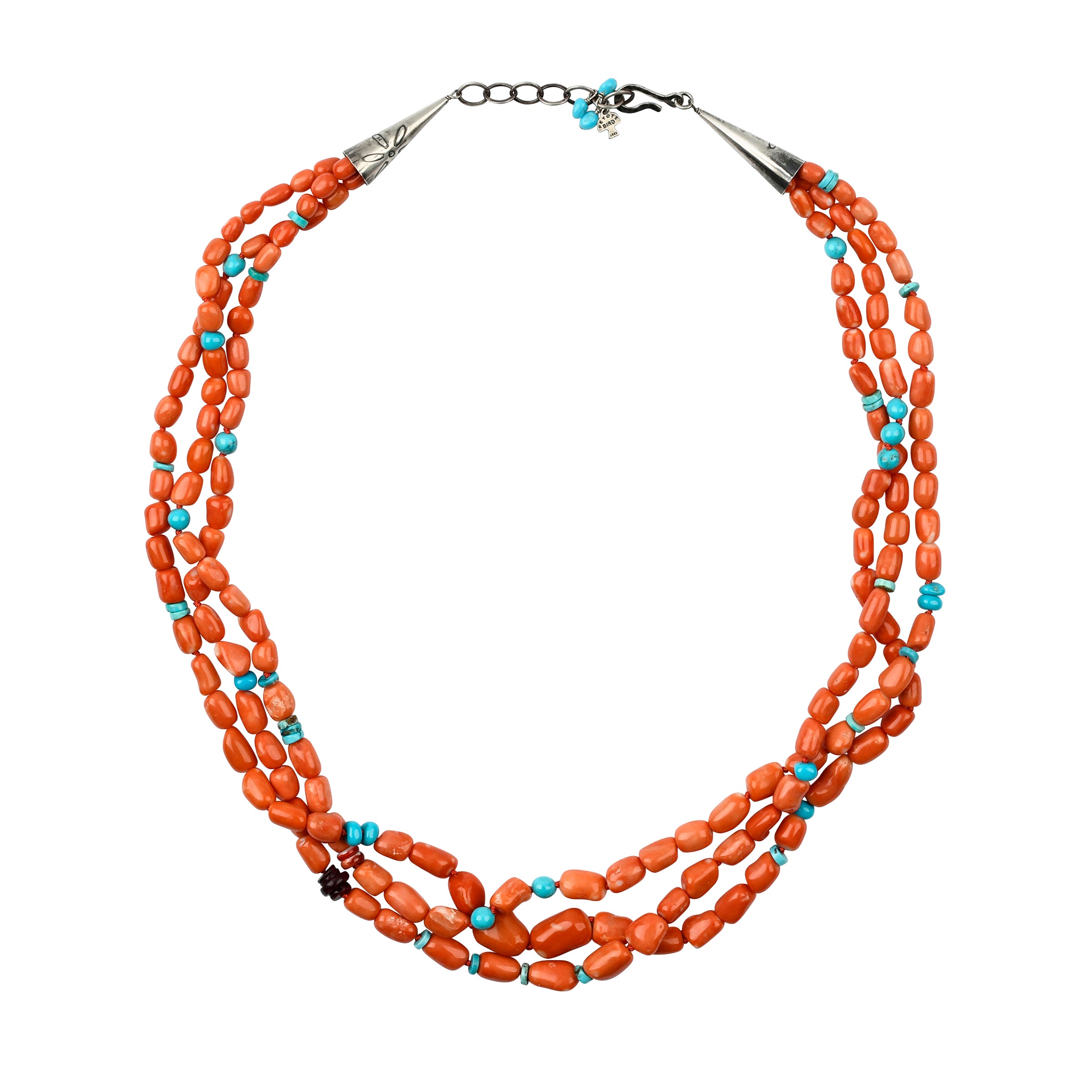 Peyote Bird 3 strand hand-beaded coral and turquoise necklace on sterling silver