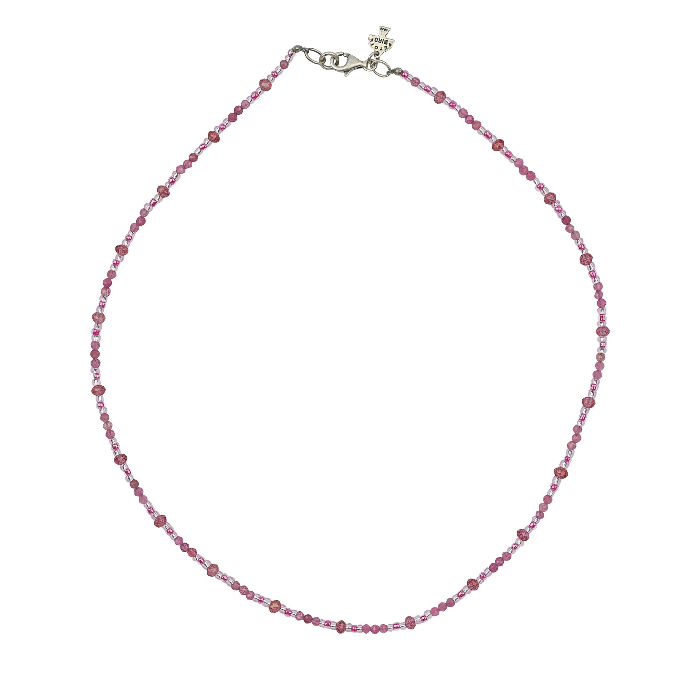 Pink torumaline beaded necklace with sterling silver lobster claw clasp.