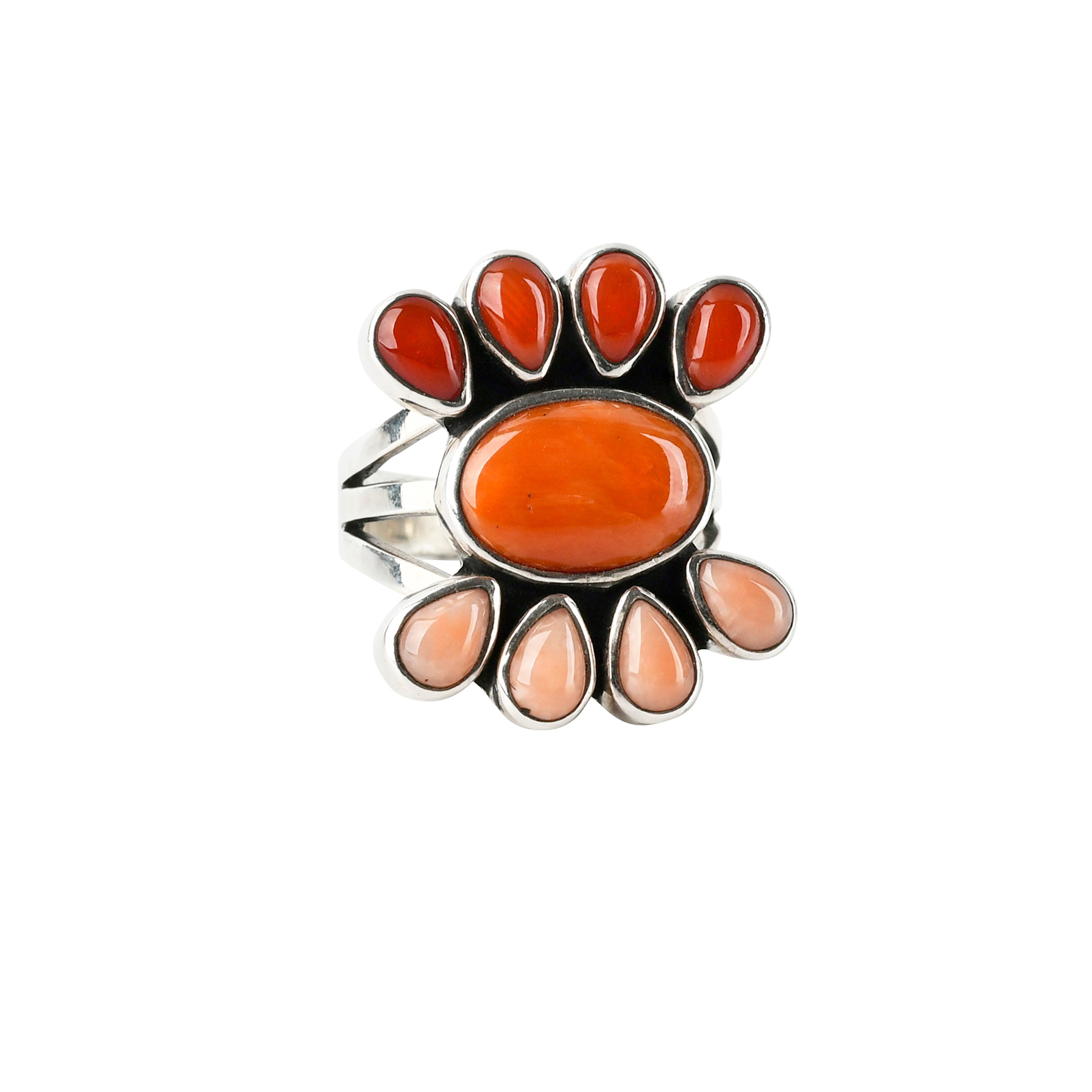 peyote bird handmade coral ring in sterling silver