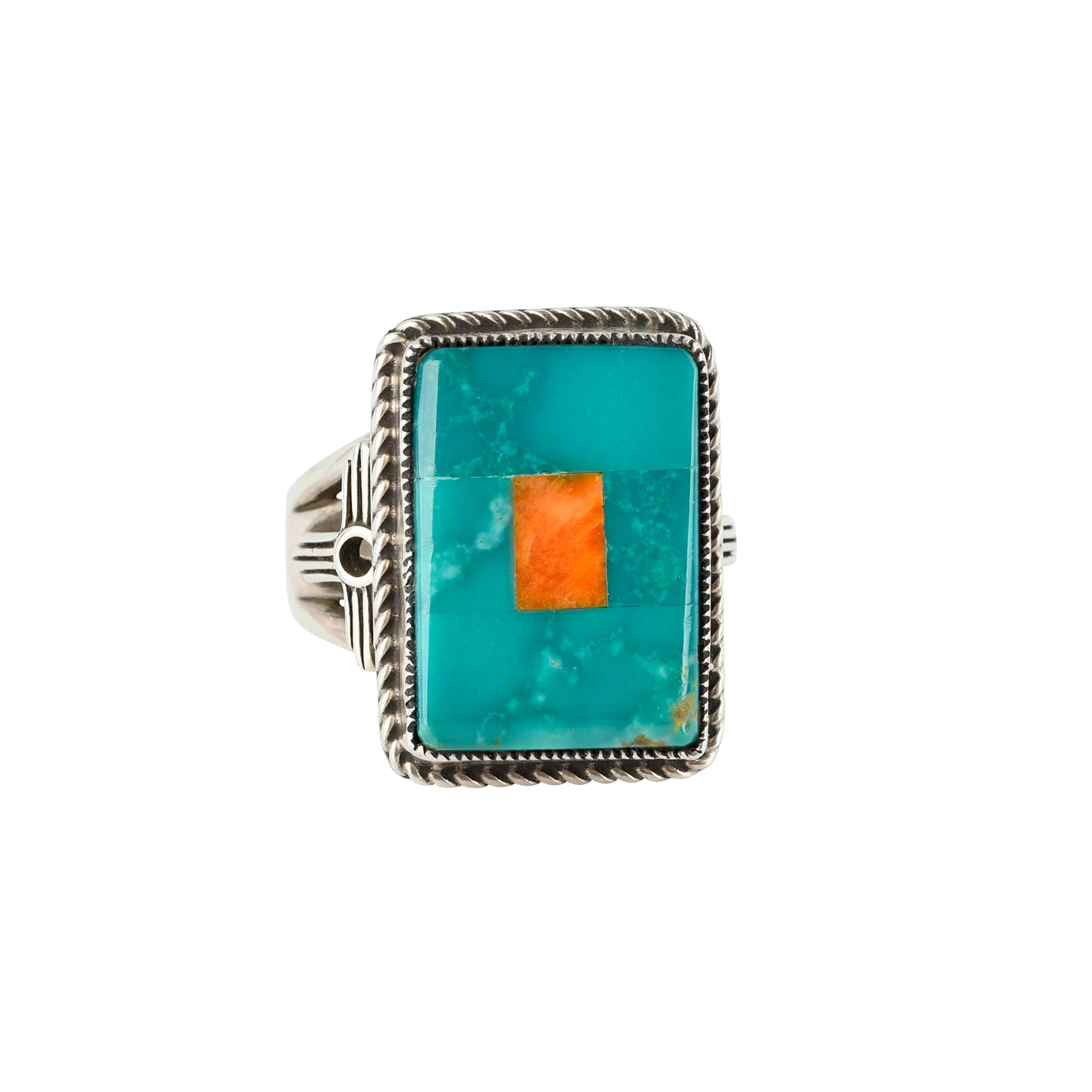 peyote bird handmade sterling silver ring with turquoise and orange spiny oyster shell 