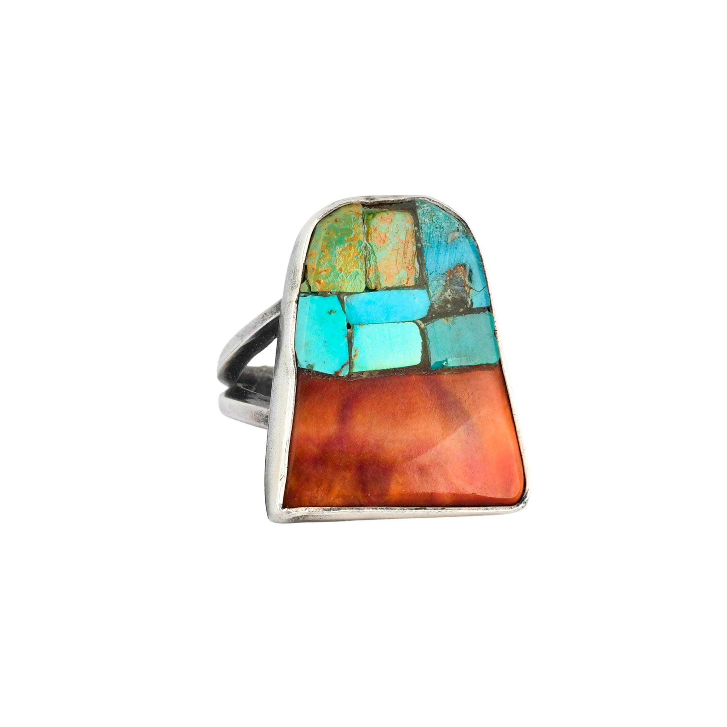 Peyote Bird green turquoise, blue turquoise, red spiny oyster shell inlay handmade ring in sterling silver
