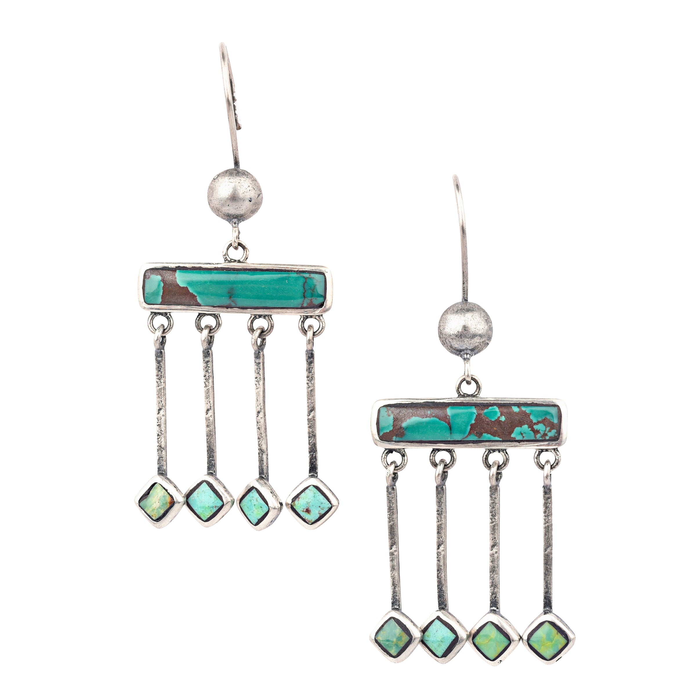 Genuine Blue and Green Turquoise and Sterling Silver make up these unique and stunning dangle drop earrings. A gemstone bar with 4 post dangles finished with diamond shape turquoise on the bottoms.