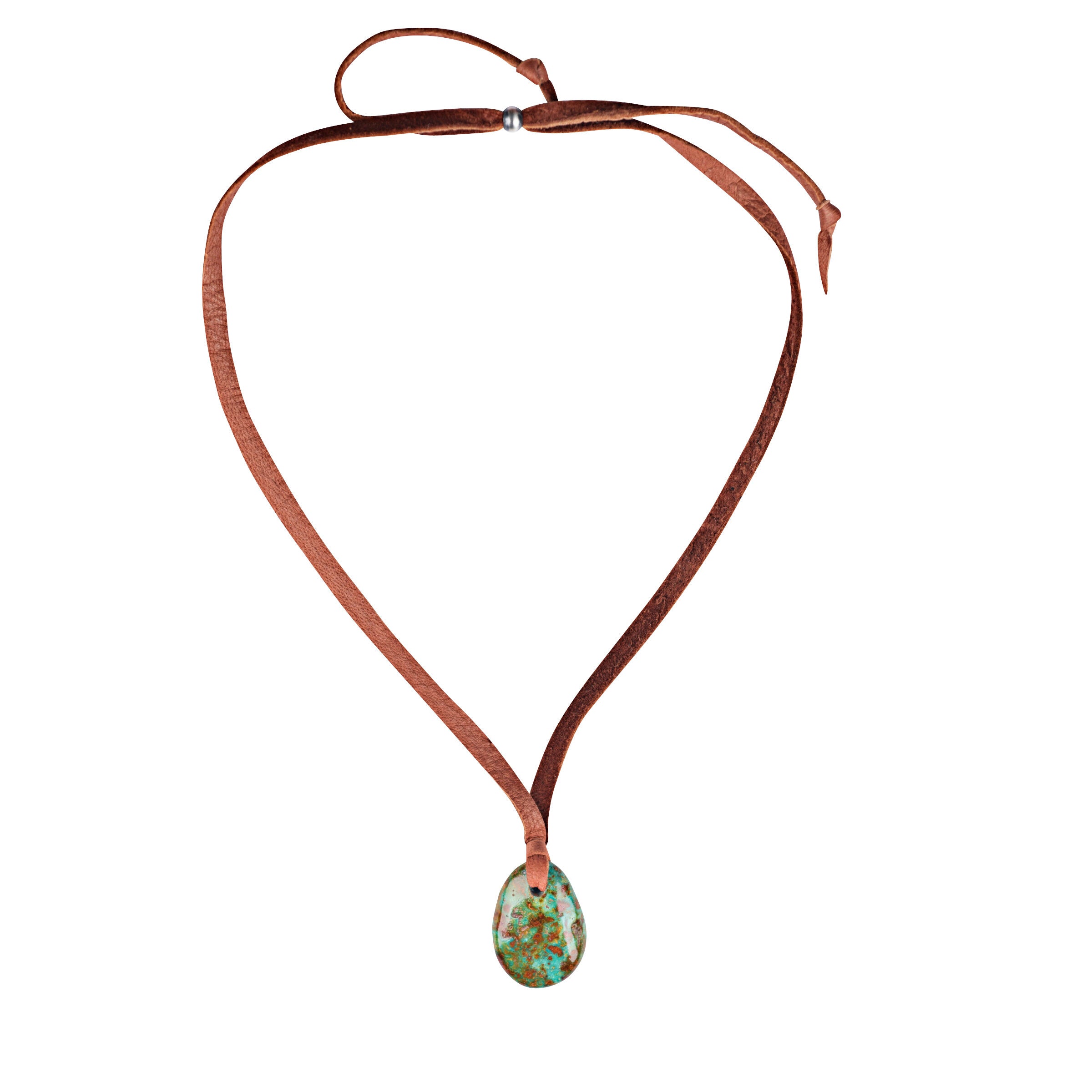 Turquoise stone necklace on deerskin leather. 
