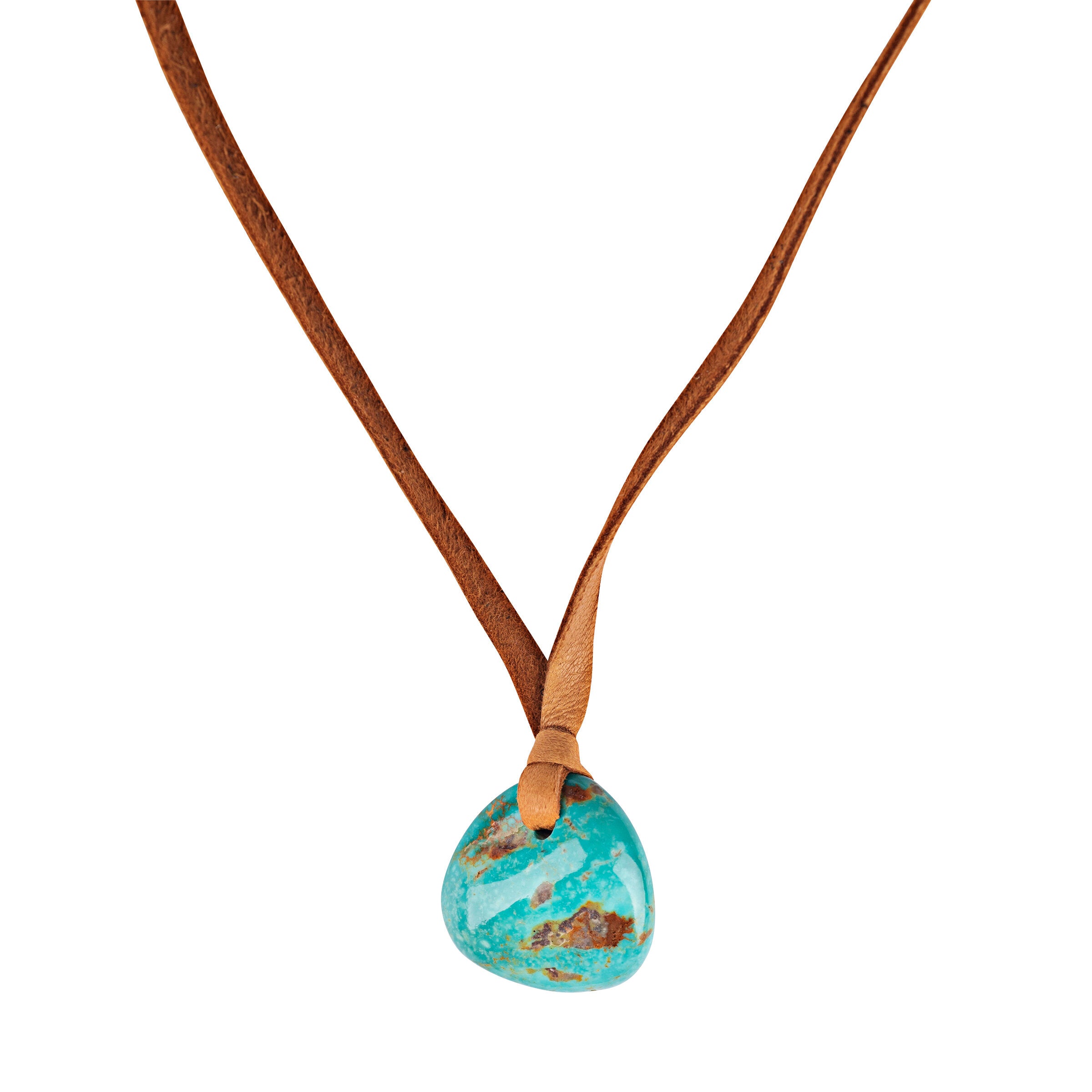 Turquoise stone necklace on deerskin leather. 