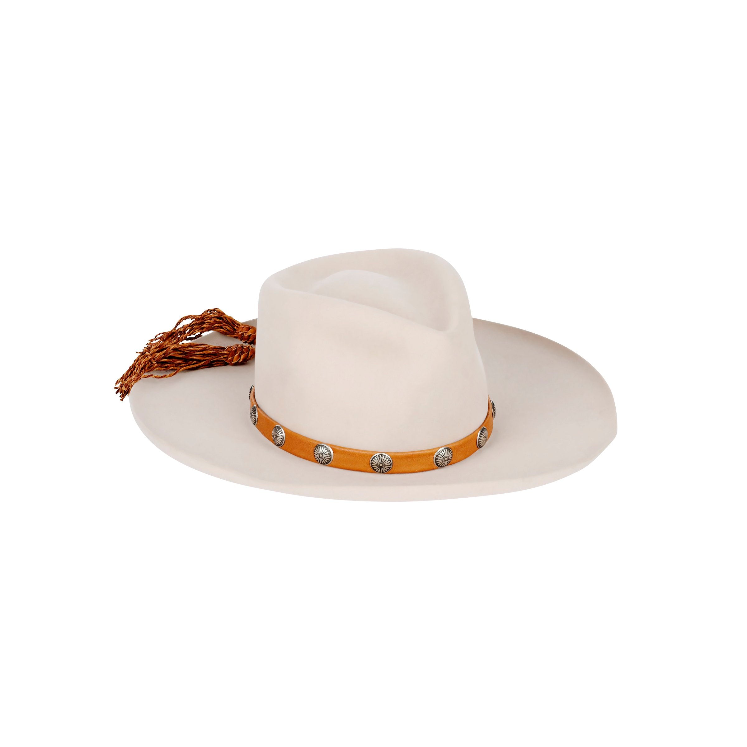 Double-layered deerskin leather hatband with silver sun conchos. Handcrafted in the USA.