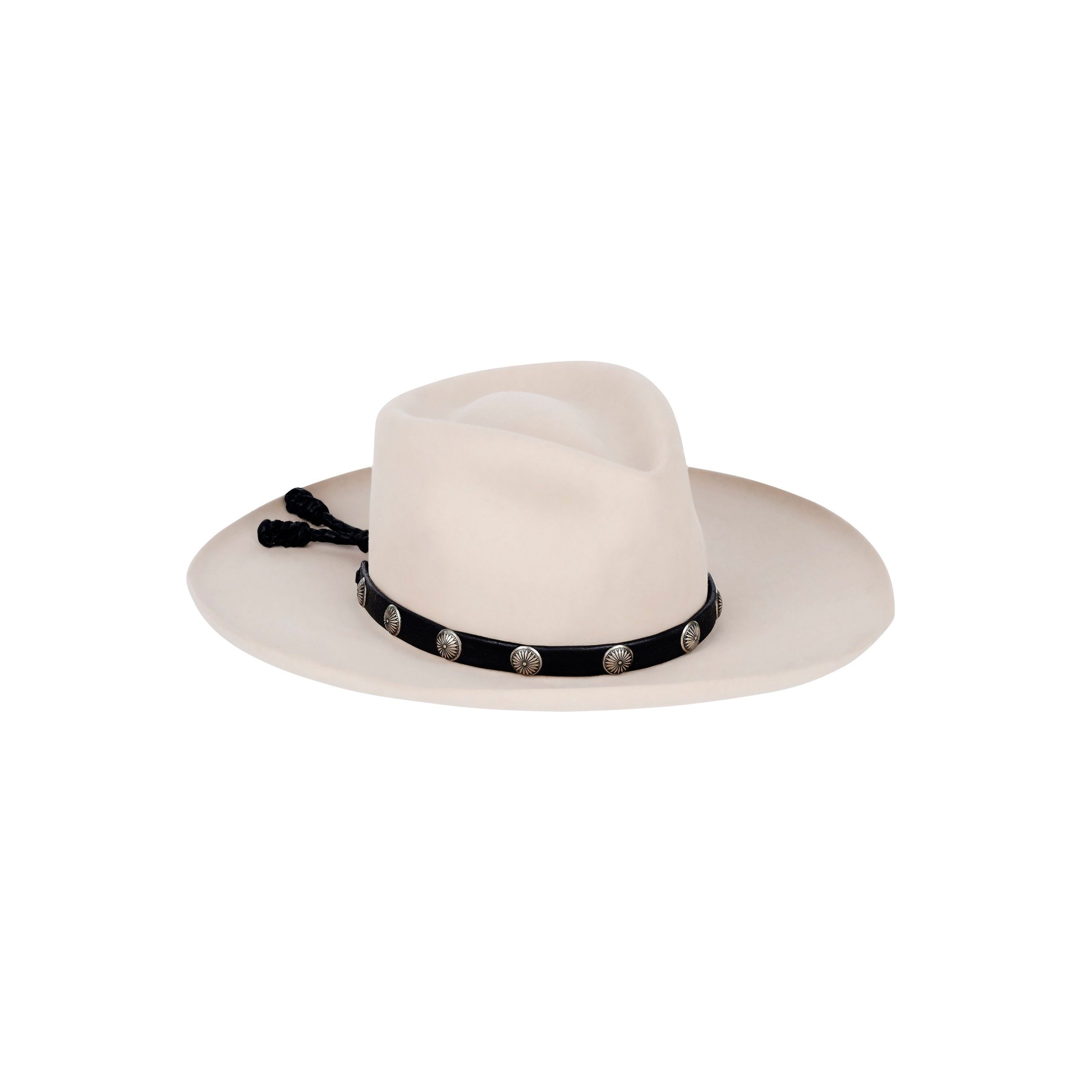 Double-layered deerskin leather hatband with silver sun conchos. Handcrafted in the USA.
