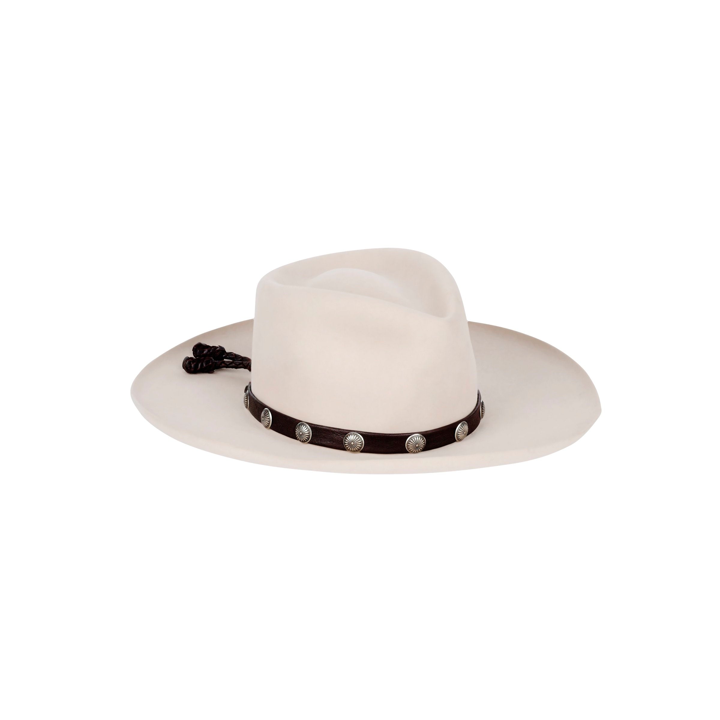 Double-layered deerskin leather hatband with silver sun conchos. Handcrafted in the USA.