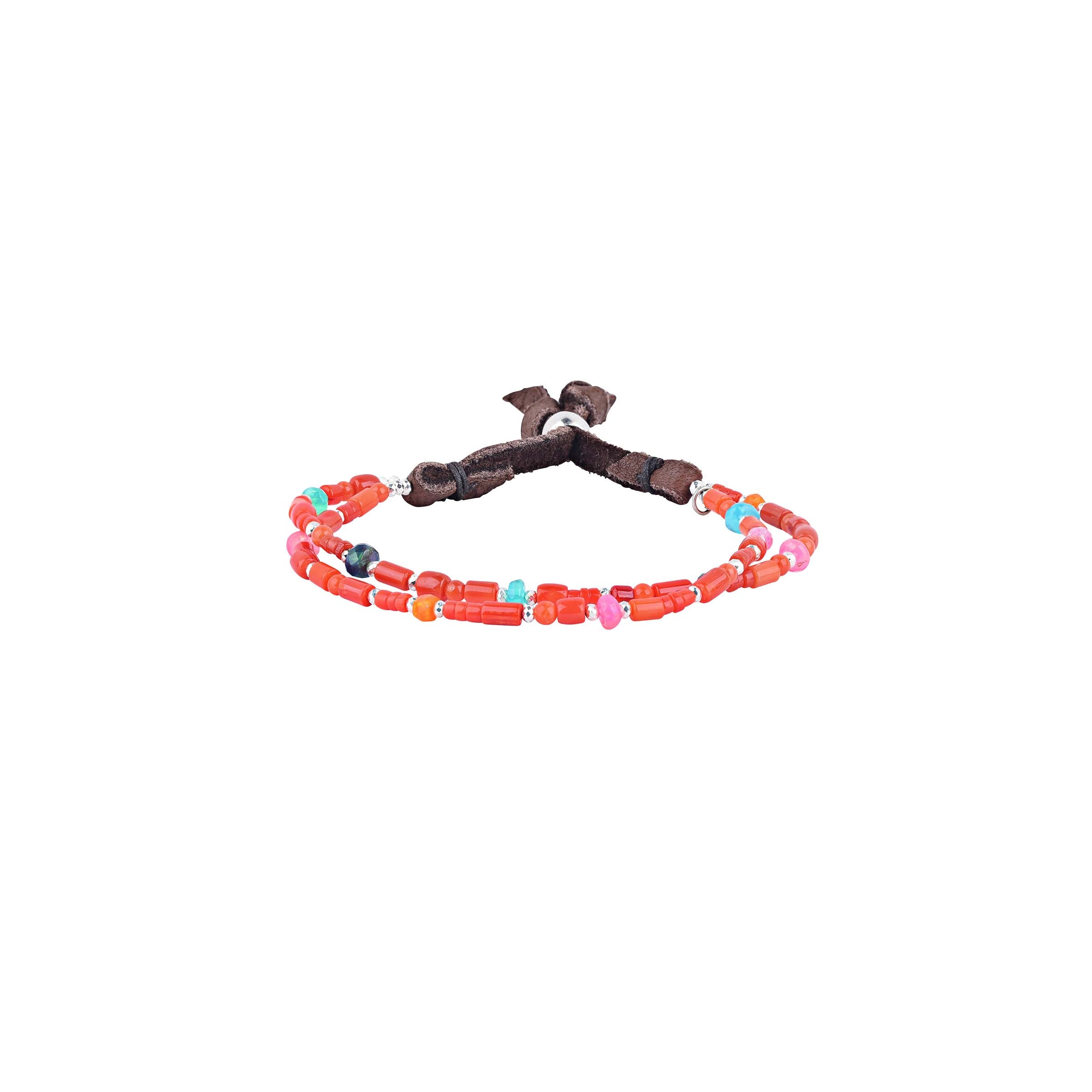 A multicolored beaded bracelet with leather ends, featuring Red Coral and Opal. Peyote Bird original. Made in USA.