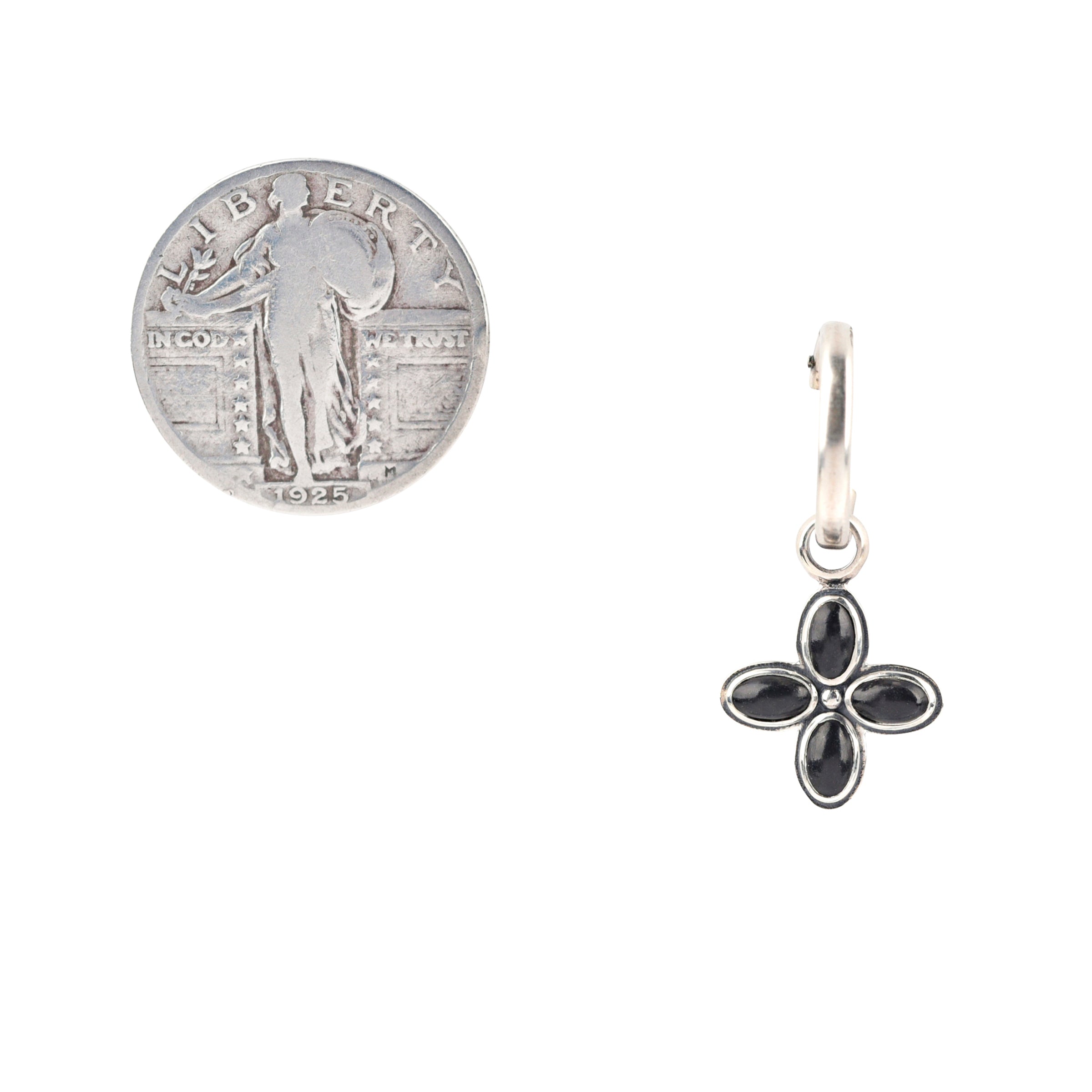 Single sided sterling silver flower petal earrings from New Mexican artist Dennis Hogan. Featuring Blue and Green Turquoise and Jet stones.