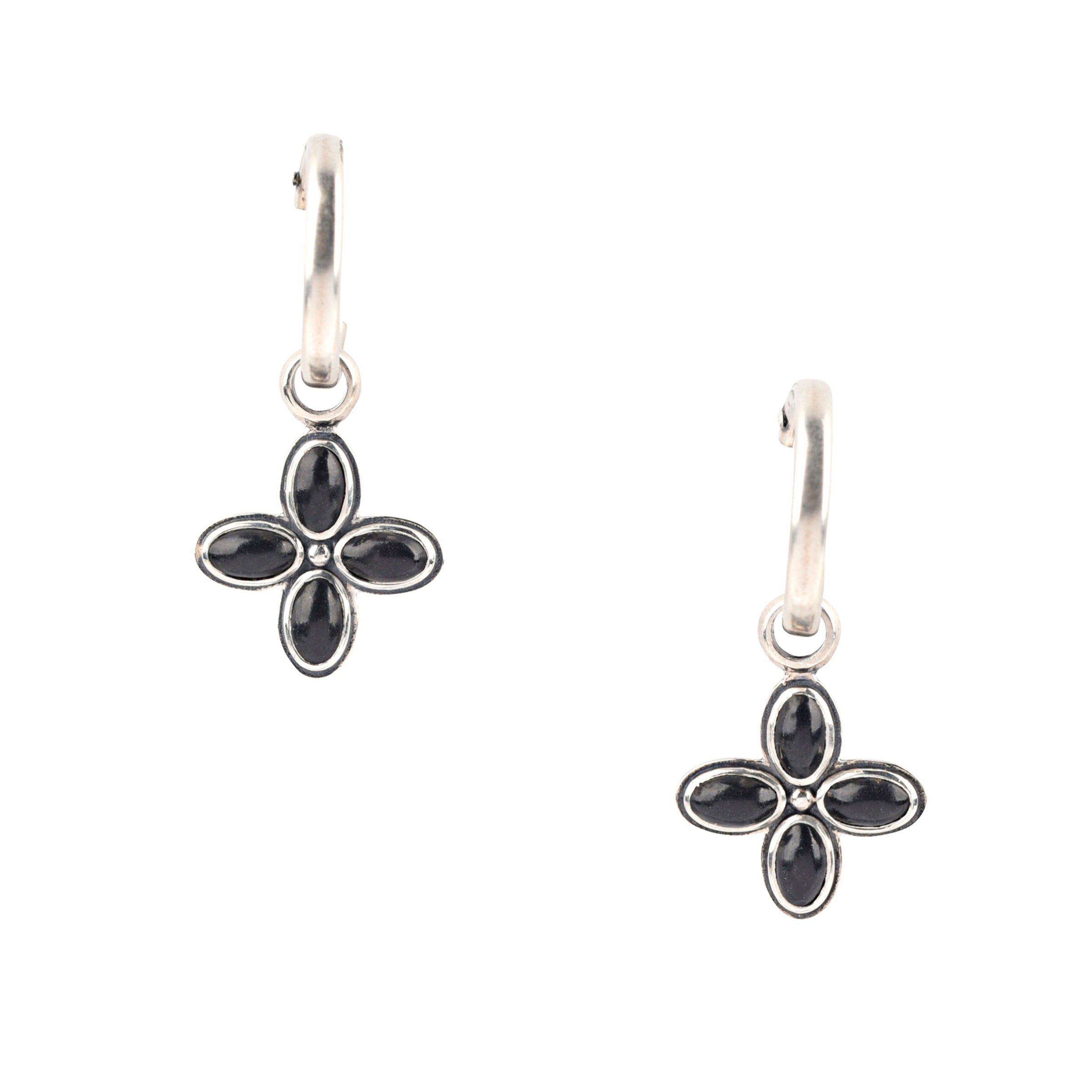 Single sided sterling silver flower petal earrings from New Mexican artist Dennis Hogan. Featuring Blue and Green Turquoise and Jet stones.
