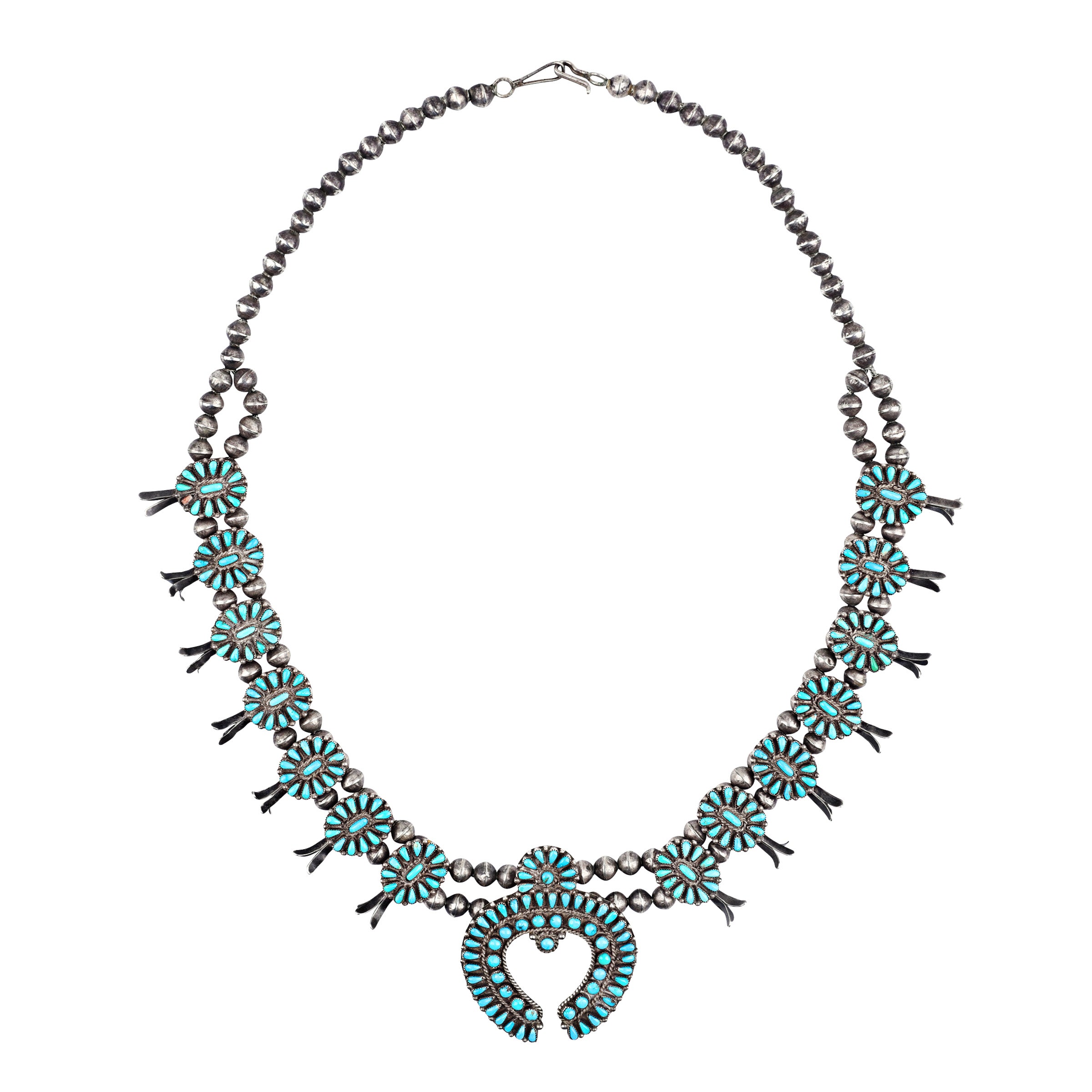 Sold at Auction: VINTAGE NATIVE AMERICAN STERLING SILVER TURQUOISE SQUASH  BLOSSOM NECKLACE