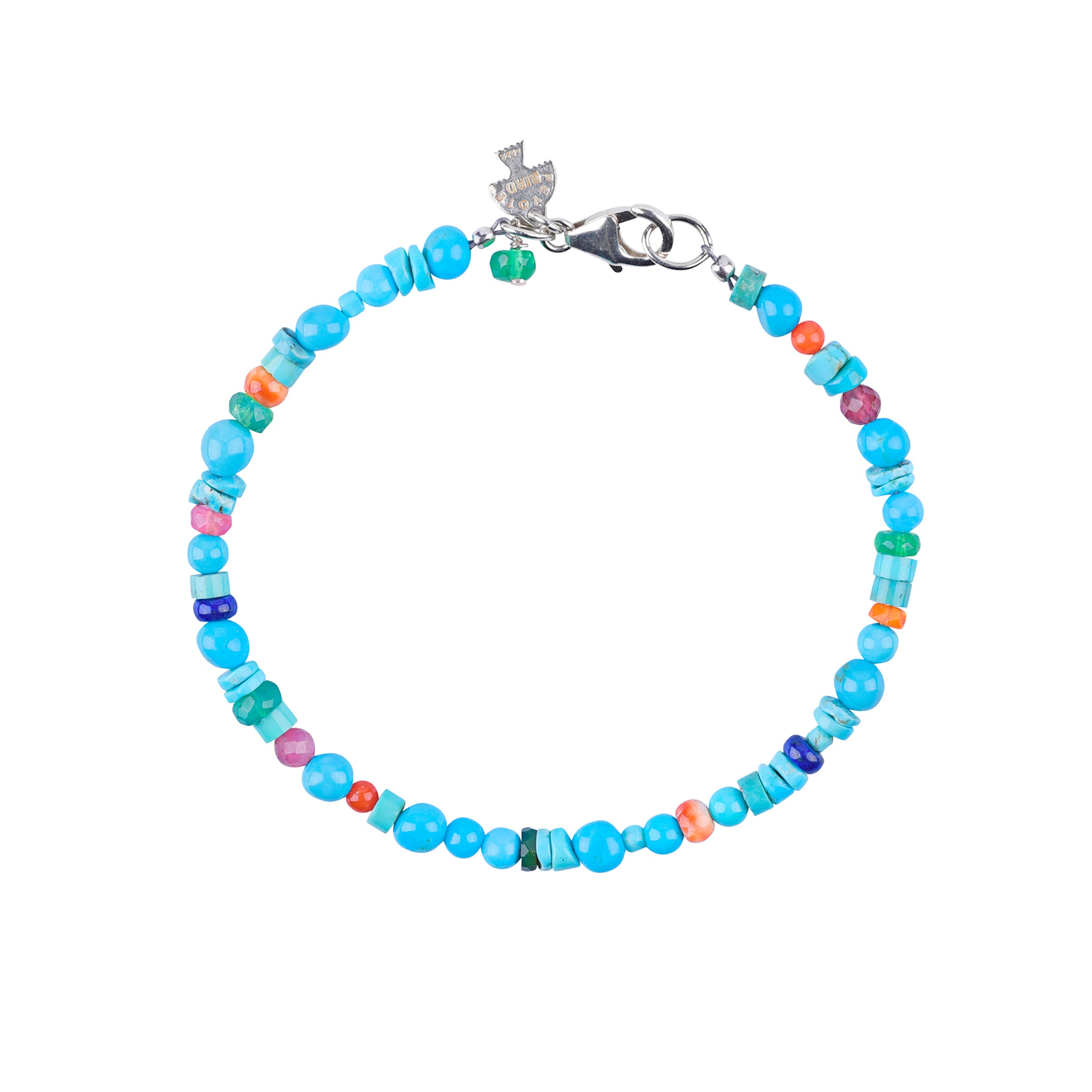 A colorful beaded bracelet with a variety of turquoise and other colorful beads, featuring a sterling silver clasp.