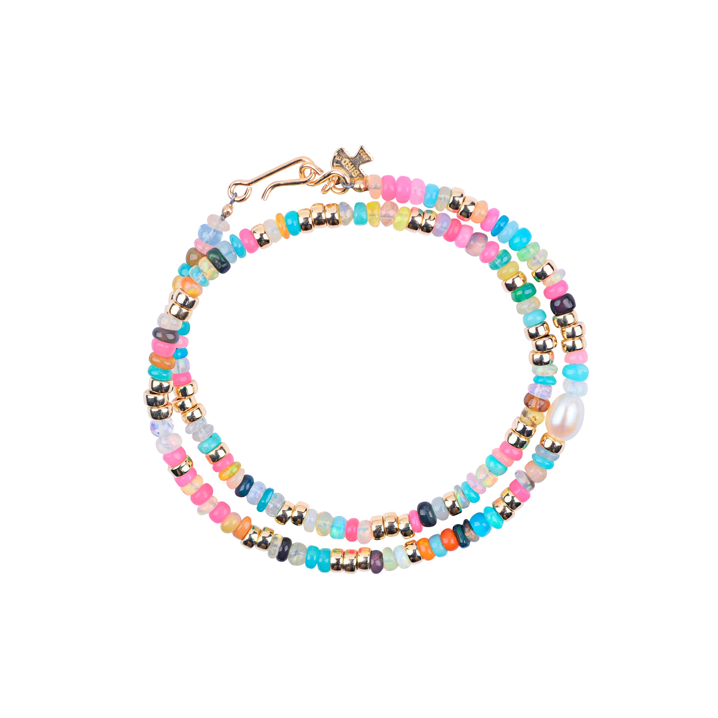 A kaleidoscope of multicolored Opals support a Freshwater Pearl in this double wrap bracelet. Gold Fill accents tie together and complete the array of color.