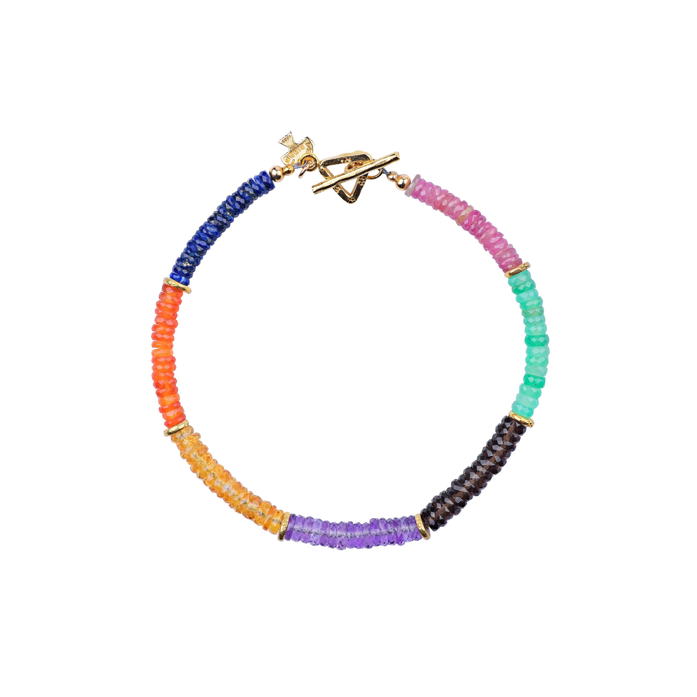A multicolored beaded bracelet with gold plate accents and a bar clasp.