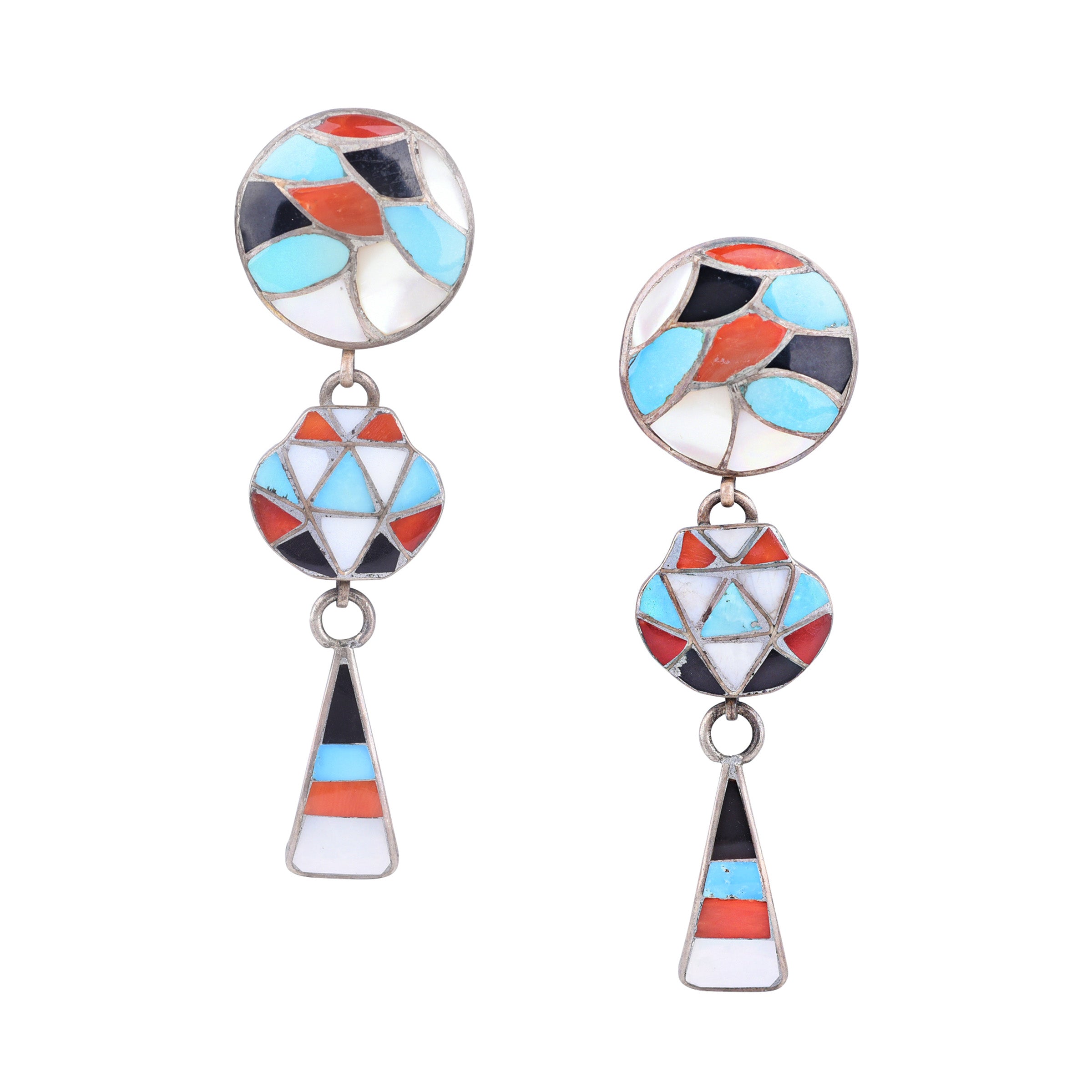 A pair of vintage Zuni sterling silver mosaic earrings featuring blue turquoise, onyx, mother of pearl, and red coral stones. Made in USA.