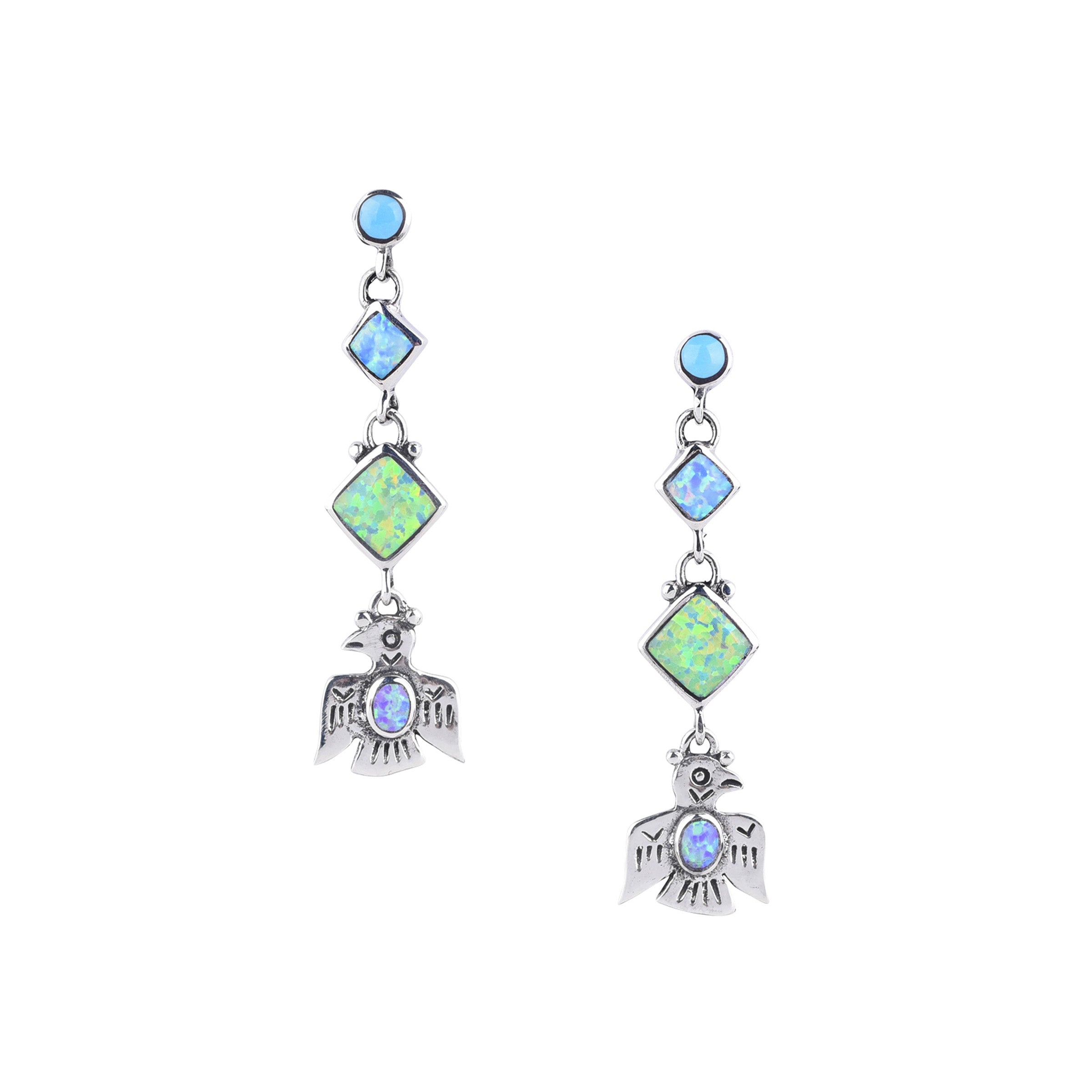 Sterling silver dangle post earrings with blue turquoise, blue opal, green opal, and pink opal stones. Finished with a small silver thunderbird. 