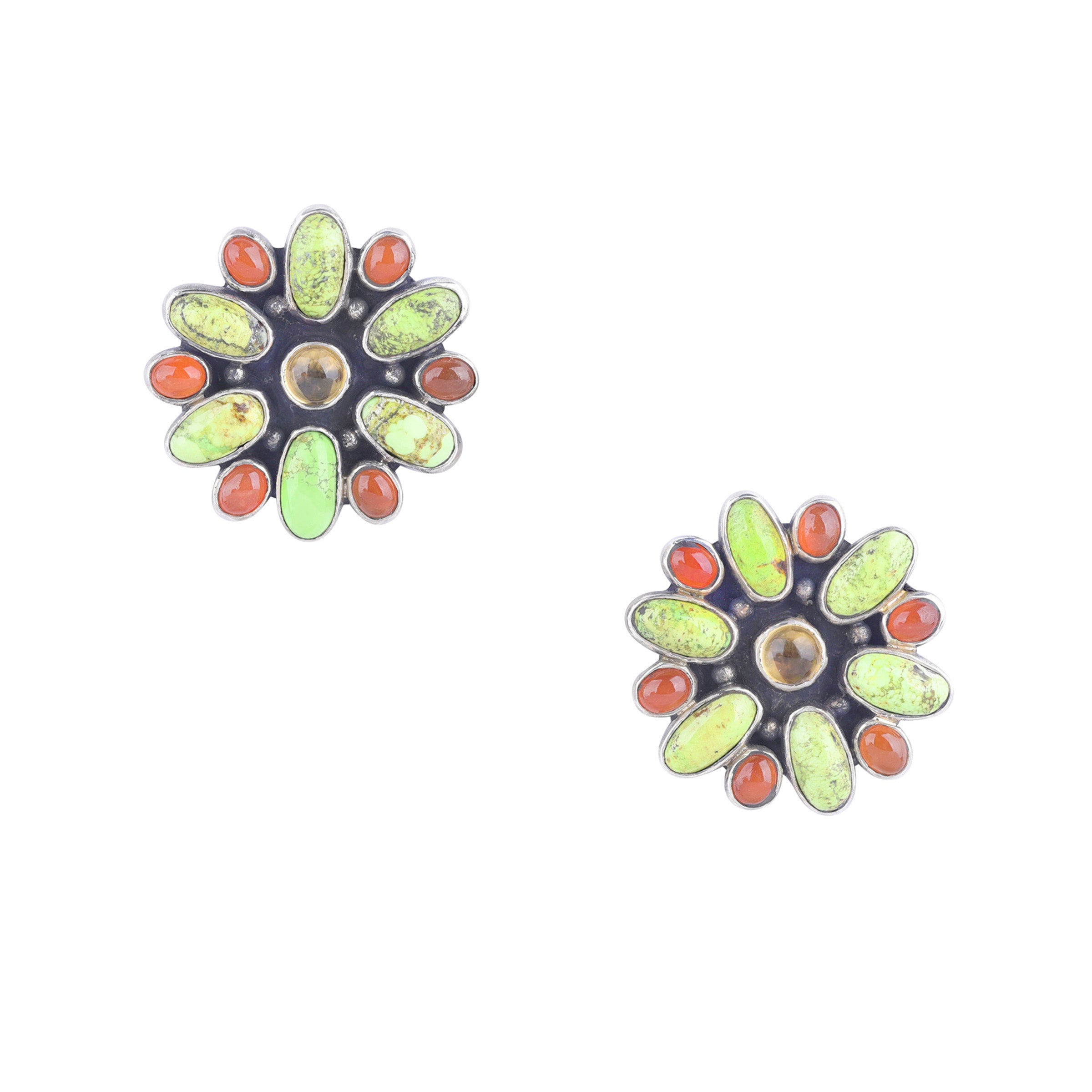 A pair of earrings with green, red, and orange hues, arranged in a flower-like pattern, made with sterling silver and other colorful gemstones.