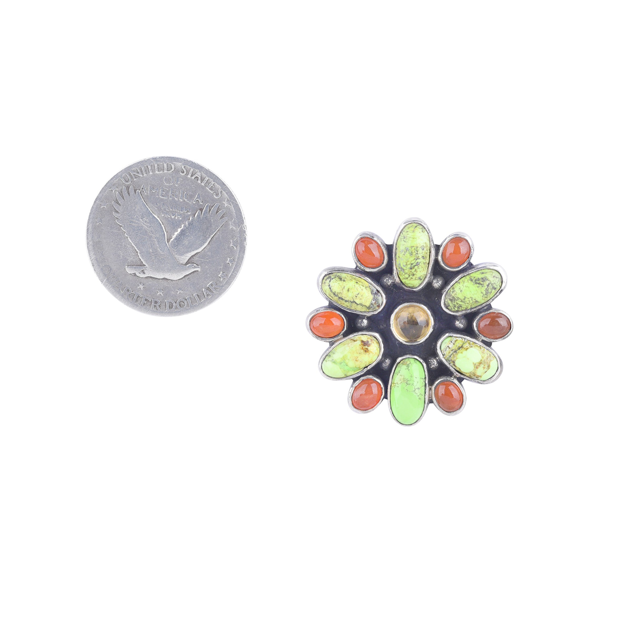 A pair of earrings with green, red, and orange hues, arranged in a flower-like pattern, made with sterling silver and other colorful gemstones.