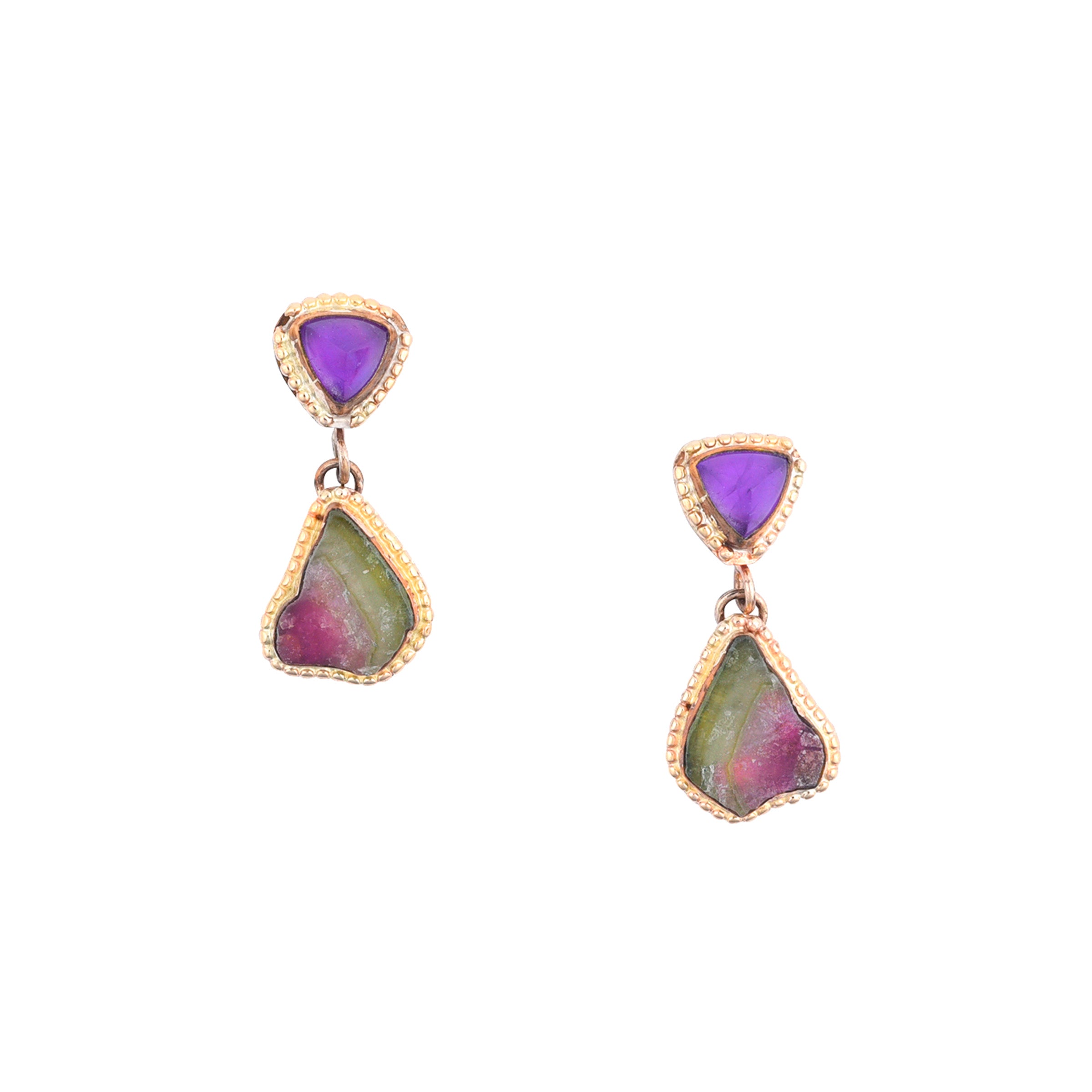 A pair of earrings featuring watermelon tourmaline and amethyst wrapped in 14k gold, with a gold-plated band and teardrop-shaped posts.