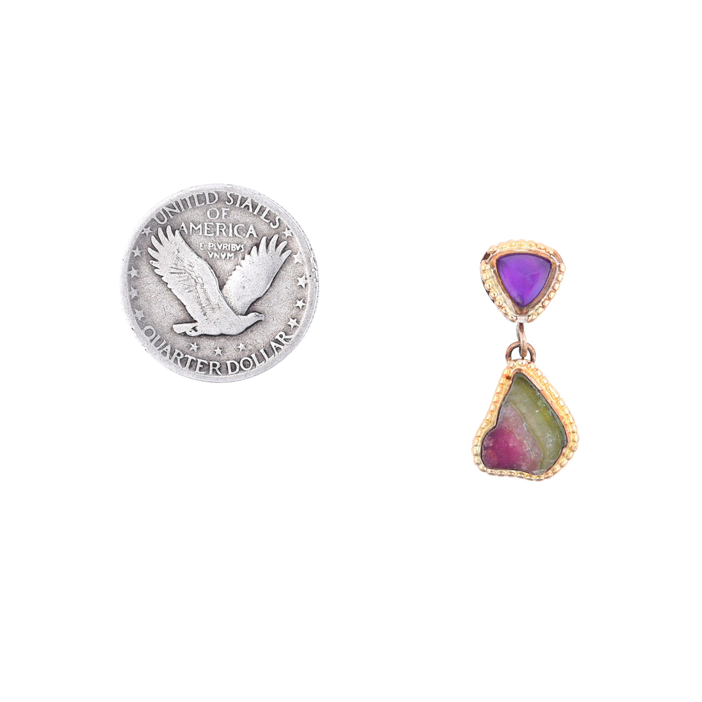 A pair of earrings featuring watermelon tourmaline and amethyst wrapped in 14k gold, with a gold-plated band and teardrop-shaped posts.