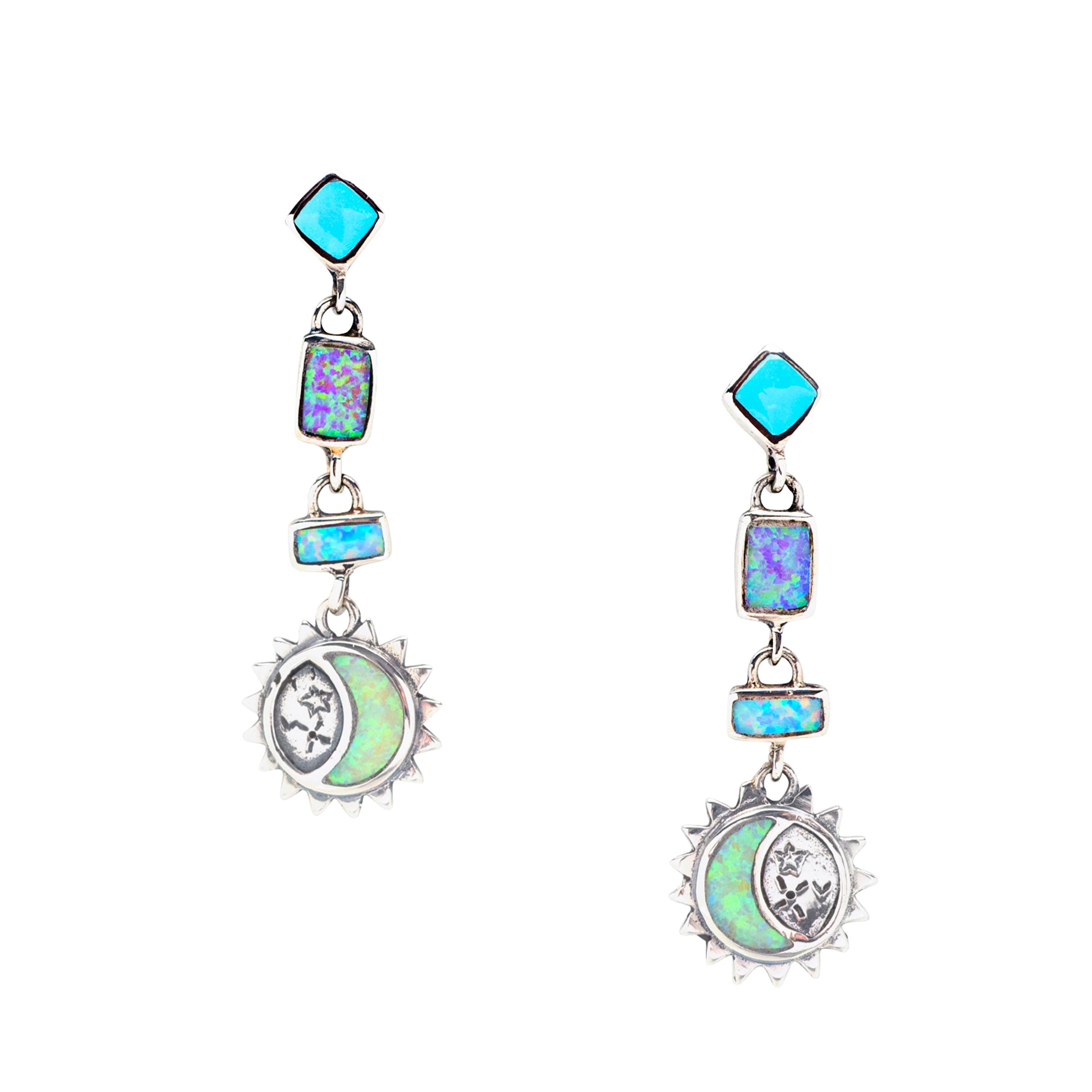 Sterling silver post and dangle earrings with blue turquoise and pink, blue, and yellow opal stones. 