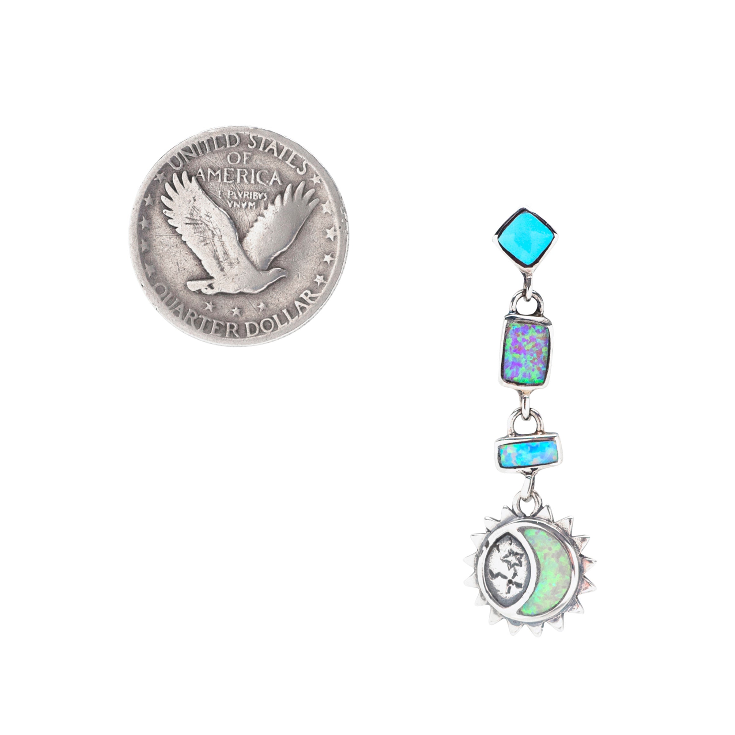 Sterling silver post and dangle earrings with blue turquoise and pink, blue, and yellow opal stones. 