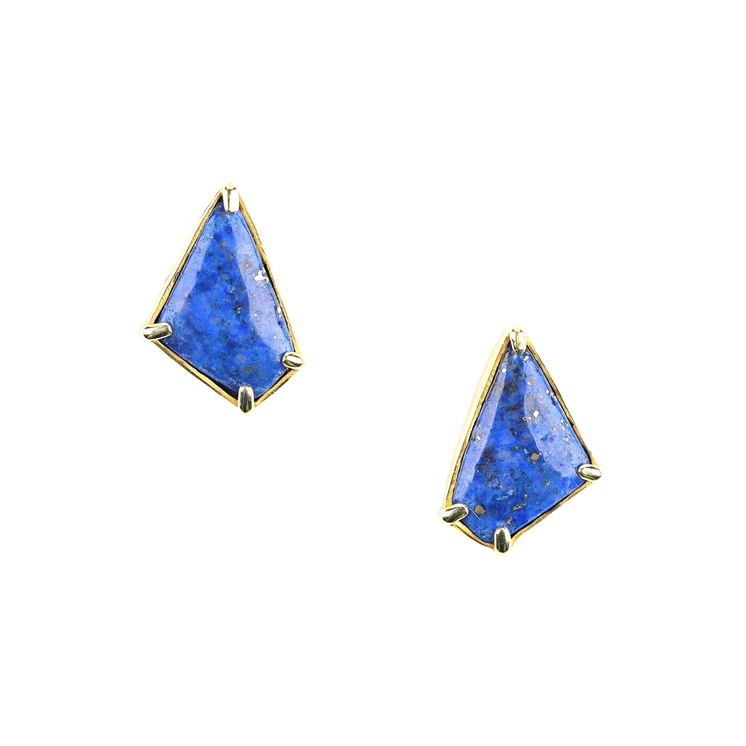 A pair of 14K gold fill earrings with lapis stones cut in a geometric triangular design.