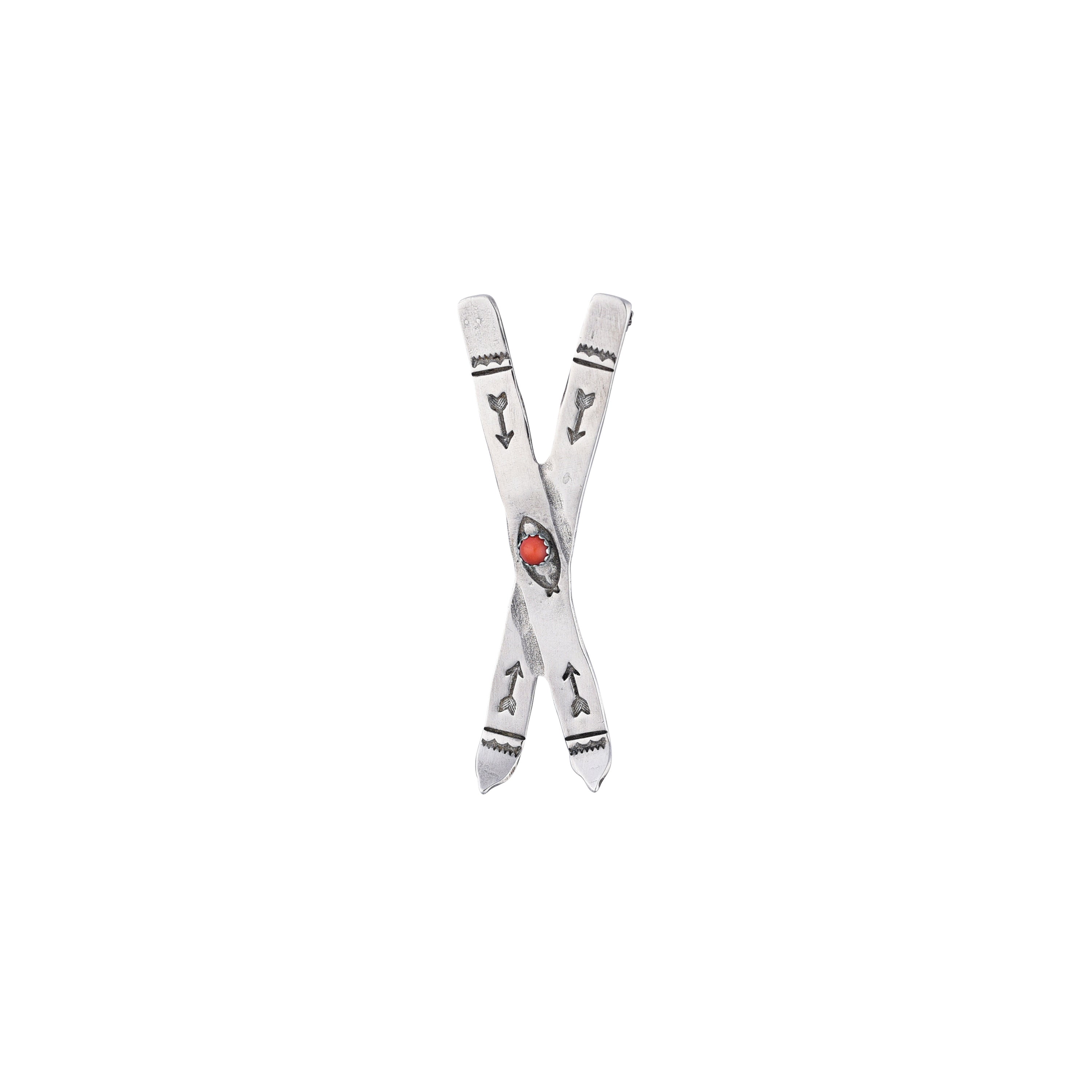 Joe Eby sterling silver skis pin with Red Coral stone.