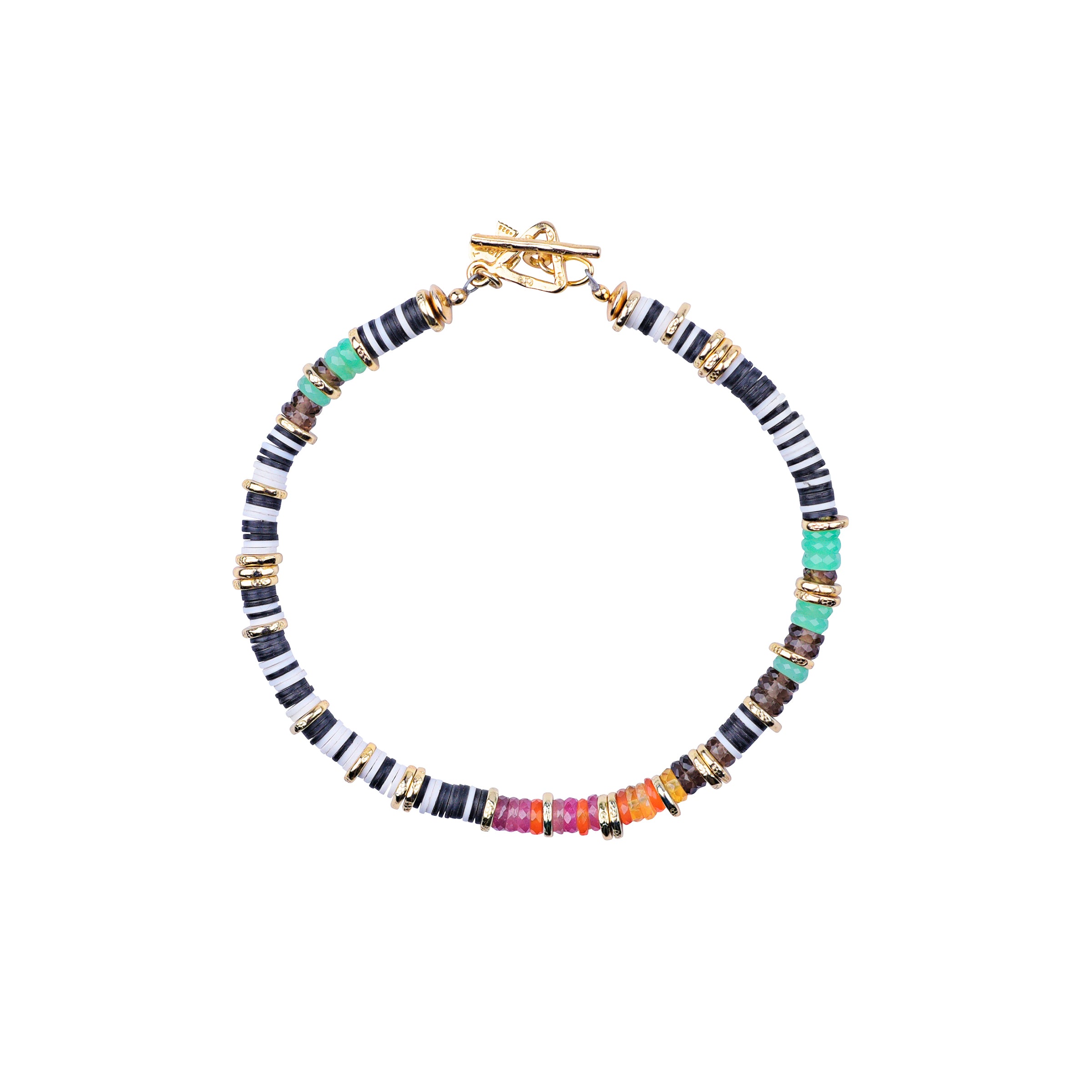 A Peyote Bird Original beaded bracelet strung with Ruby, Carnelian, Smokey Quartz, Chrysoprase and 14k Gold Plate accent beading. A men's bracelet made with Men in mind.