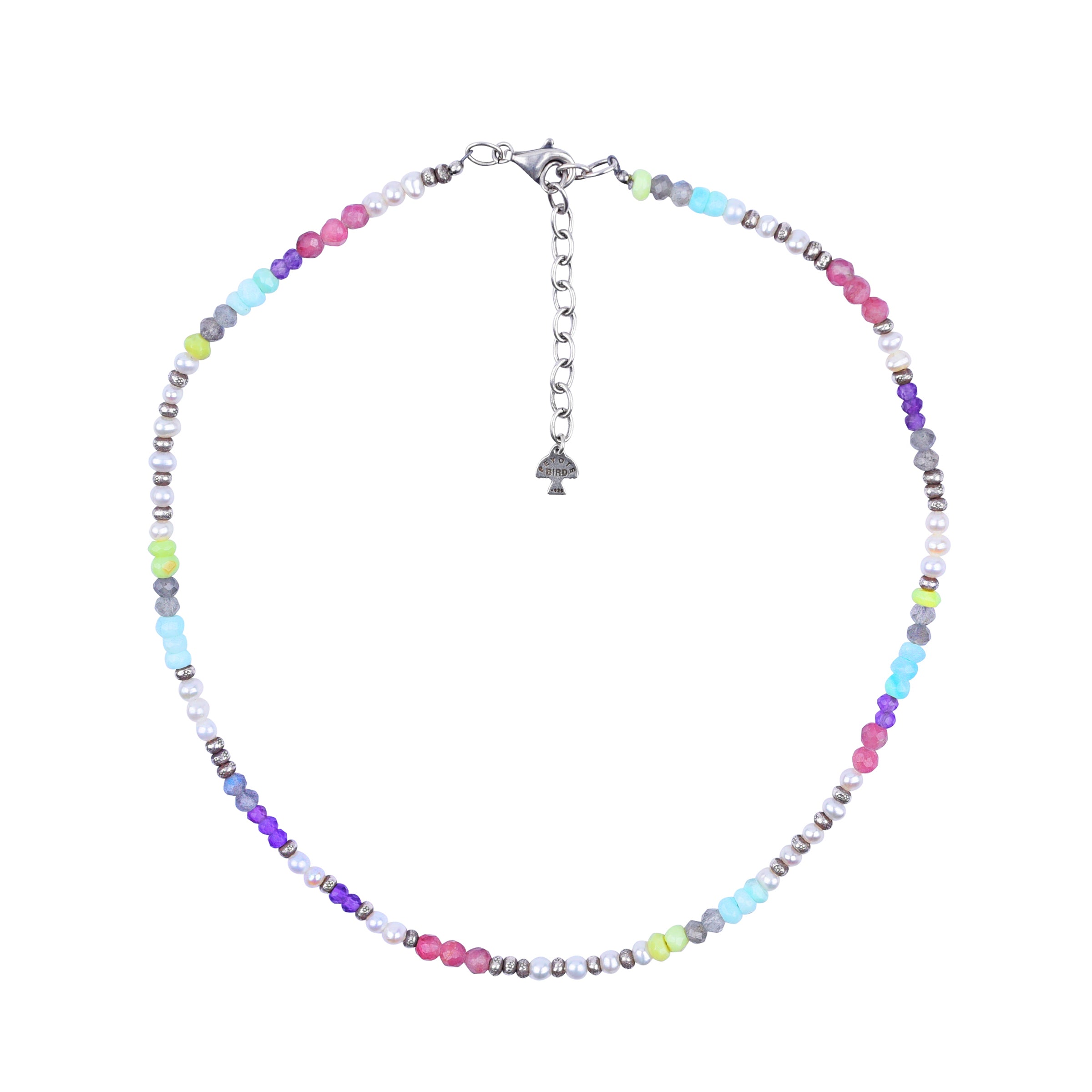 An adjustable Peyote Bird Original necklace featuring a variety of colorful beads including opal, pearl, and amethyst, with a length of approximately 16 inches. Made in USA.