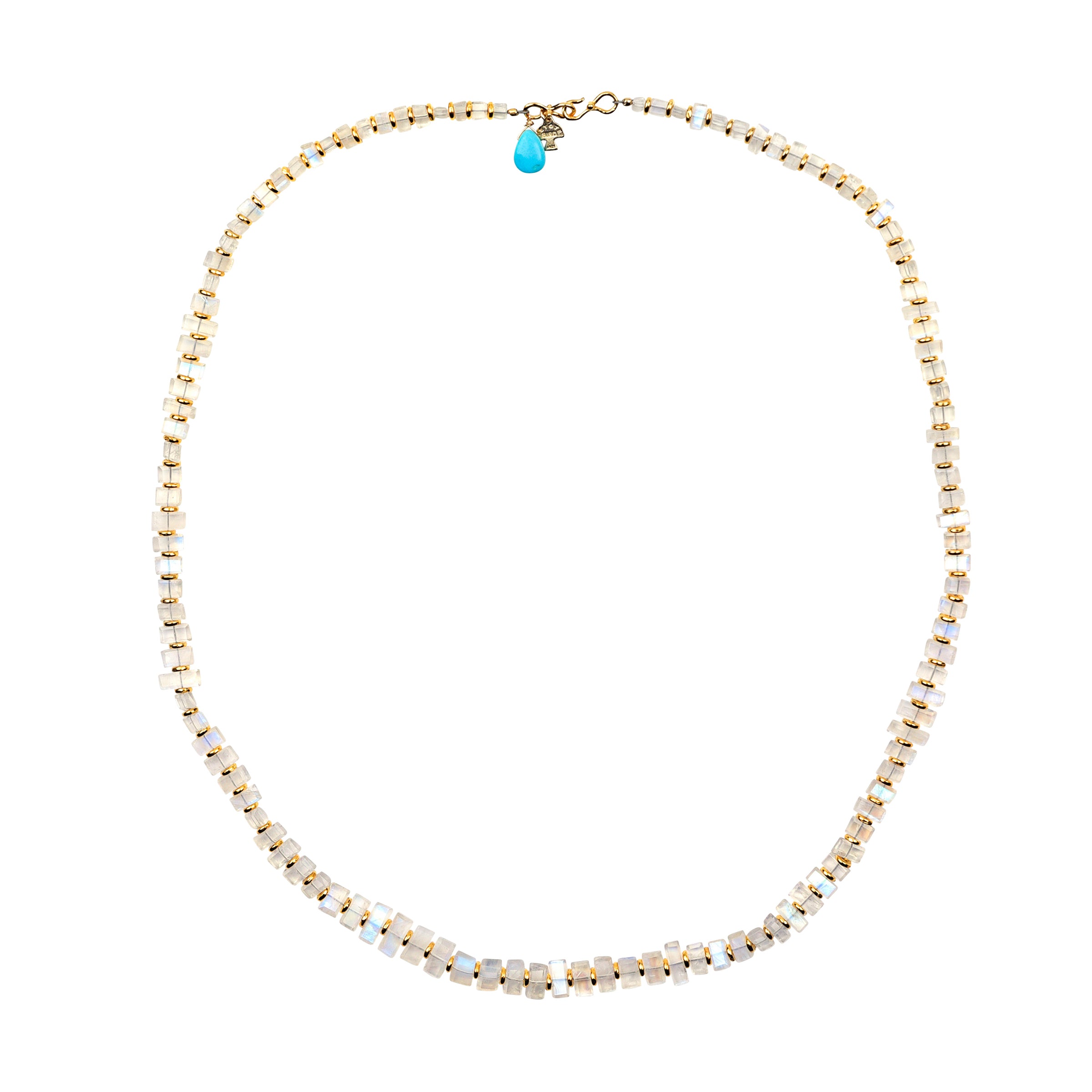 A 14k gold-plated necklace with iridescent moonstone beads and a turquoise stone on the clasp.