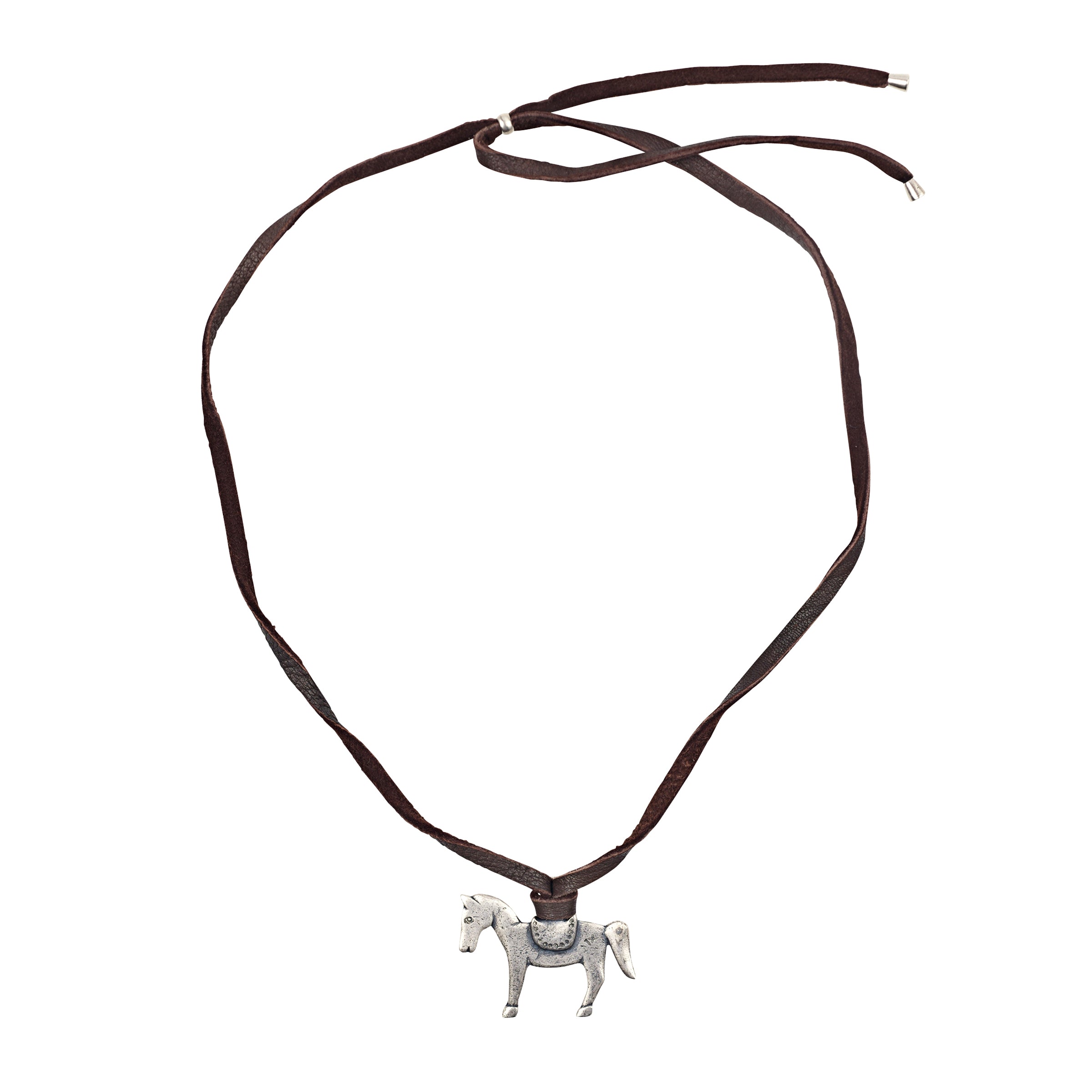 A handcrafted leather necklace with a sterling silver horse pendant, featuring a brown deer leather strap.
