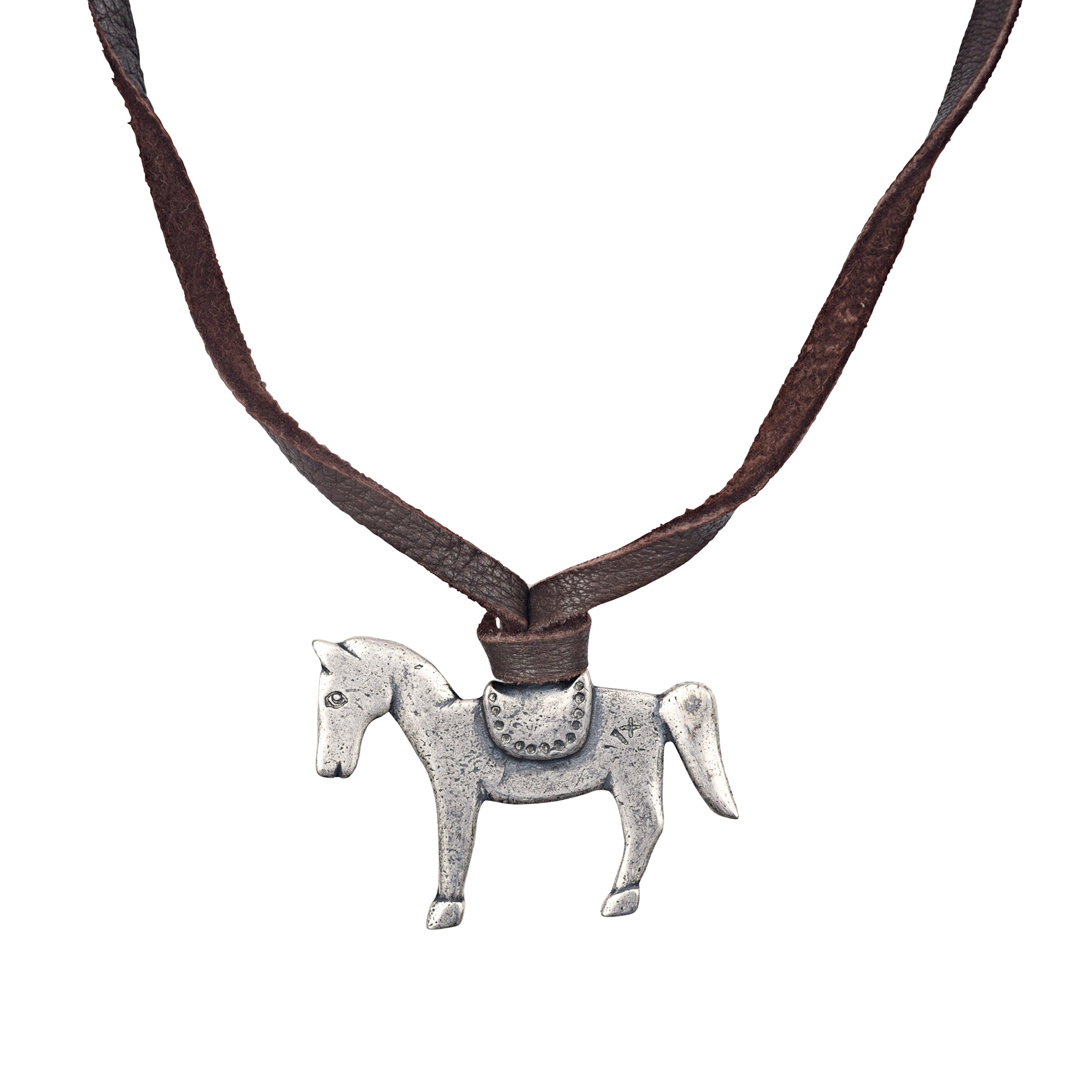 A handcrafted leather necklace with a sterling silver horse pendant, featuring a brown deer leather strap.