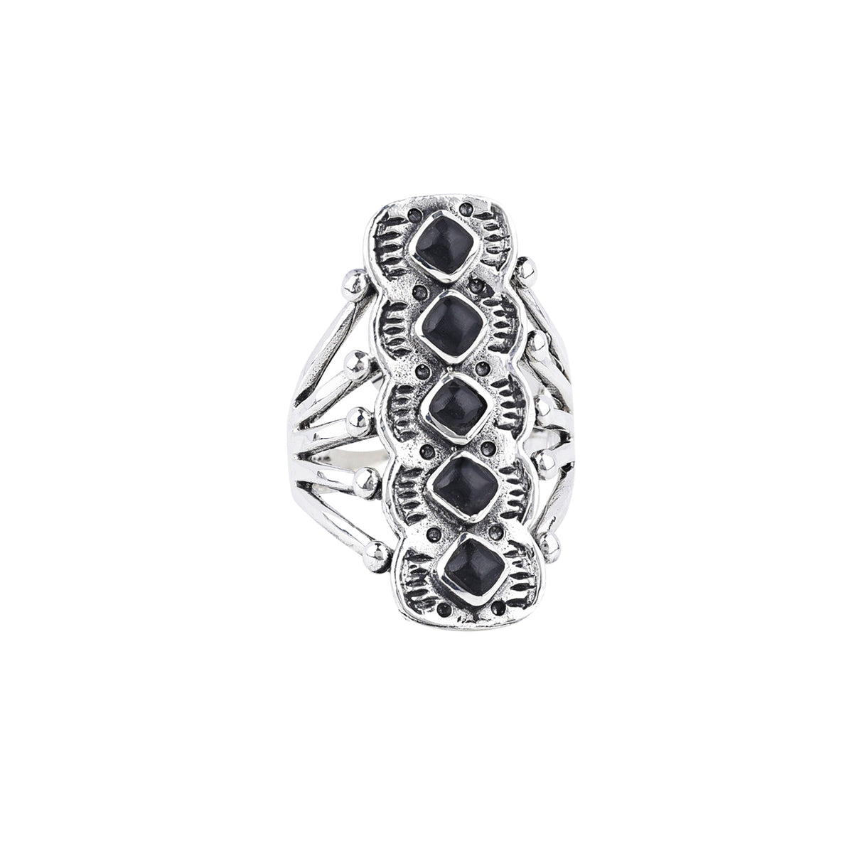 A sterling silver ring with onyx stones in an artistic triangular pattern and a split shank band.