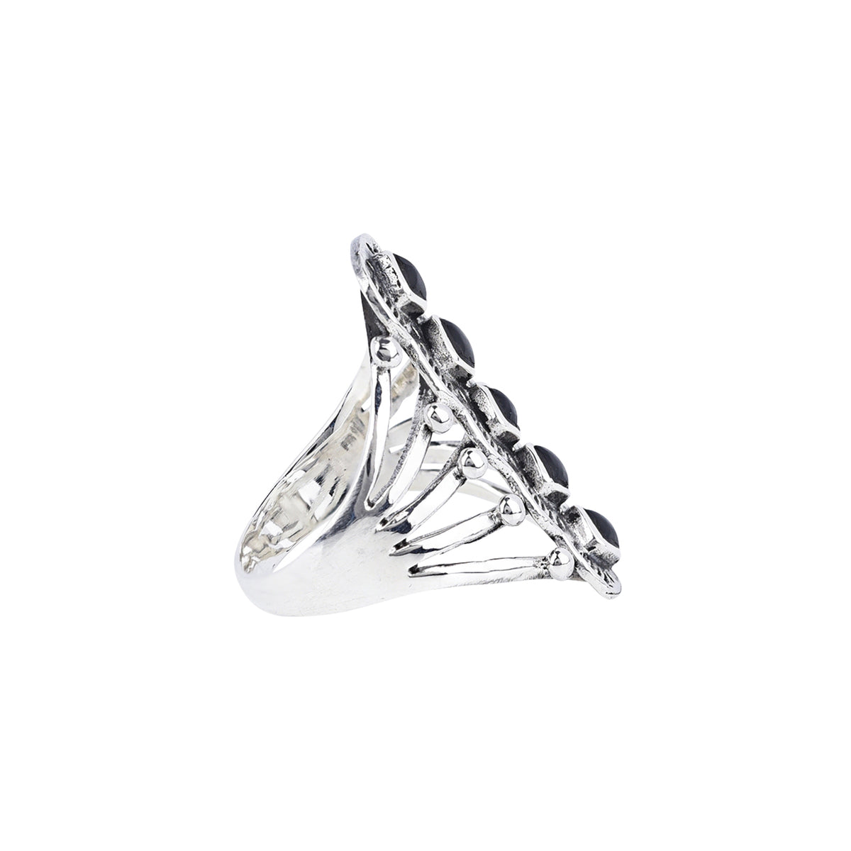 A sterling silver ring with onyx stones in an artistic triangular pattern and a split shank band.