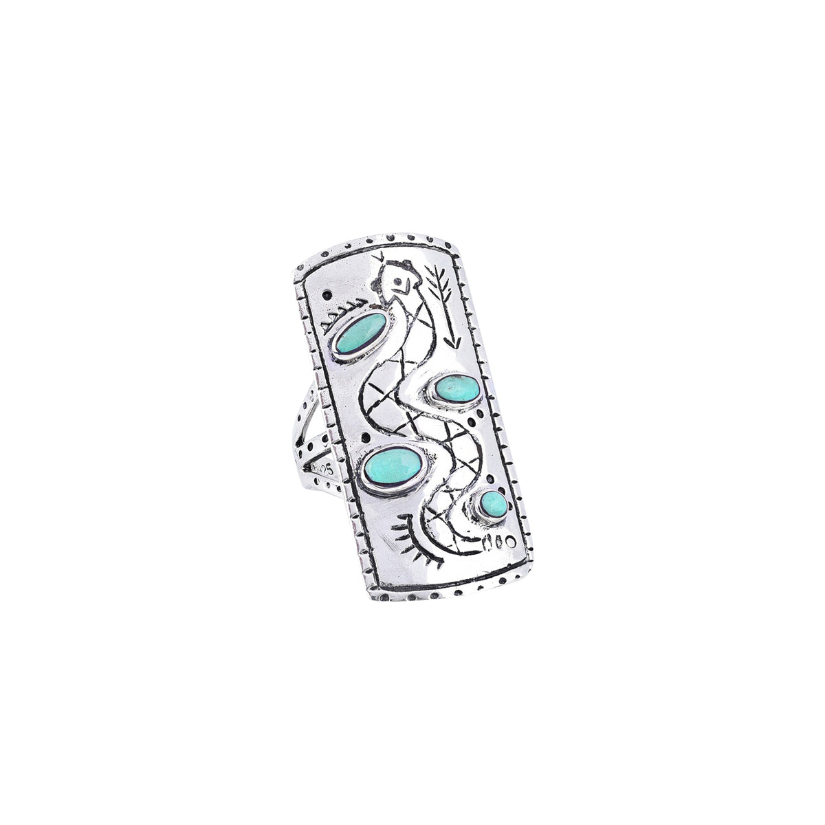 A timeless stamped Sterling Silver shield ring with Southwestern motif detailing and blue turquoise stones.