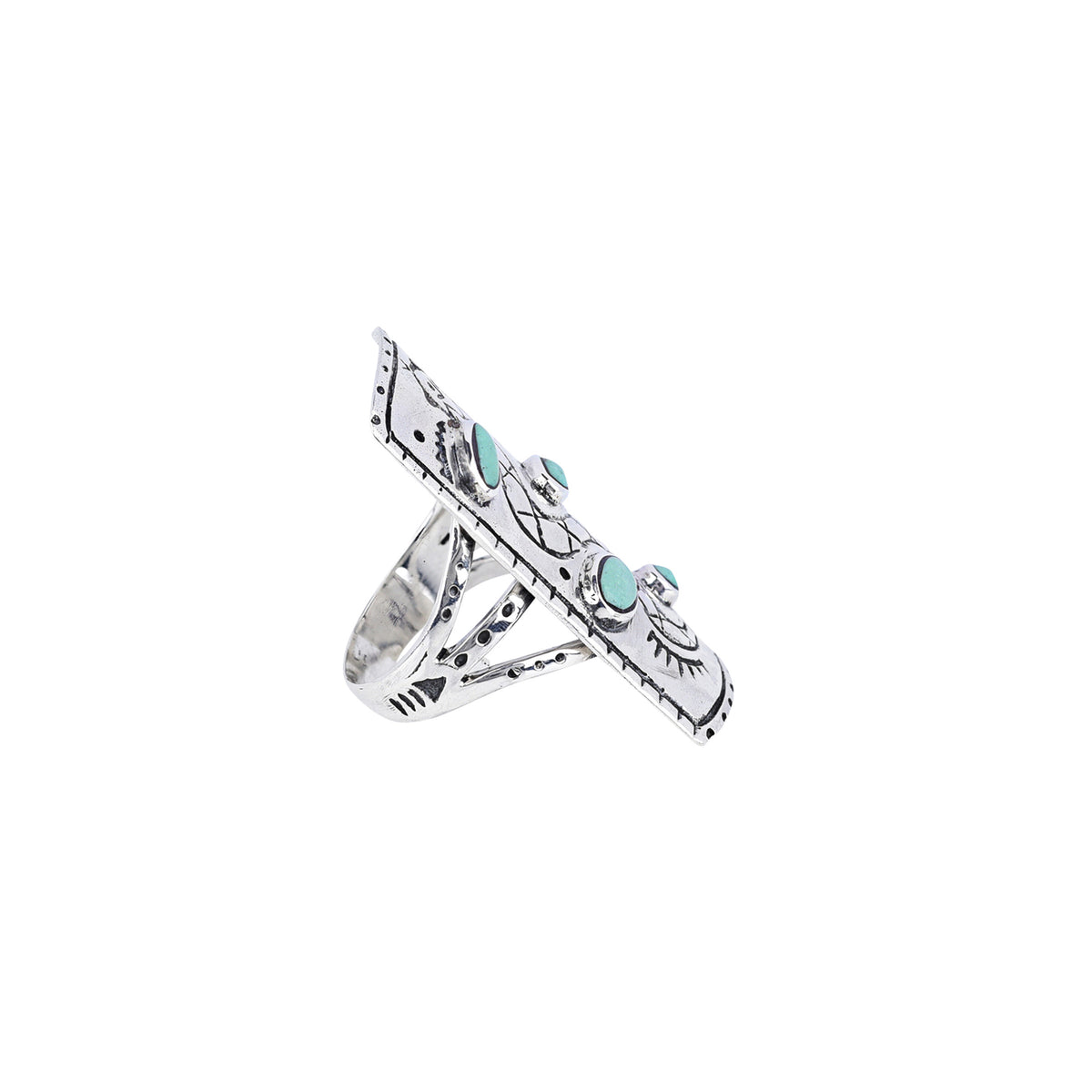 A timeless stamped Sterling Silver shield ring with Southwestern motif detailing and blue turquoise stones.
