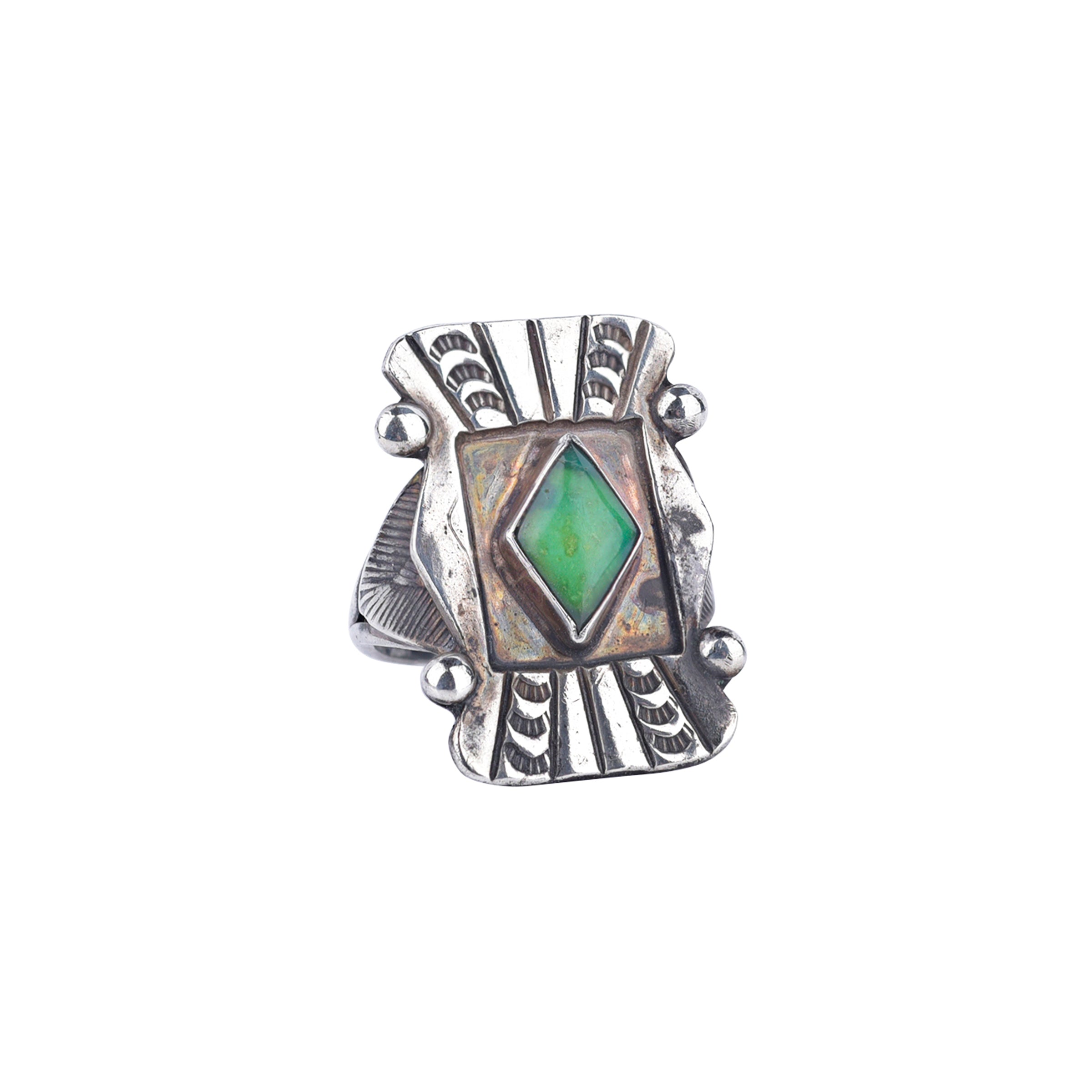 Vintage Green Turquoise Shield Ring - Size 8