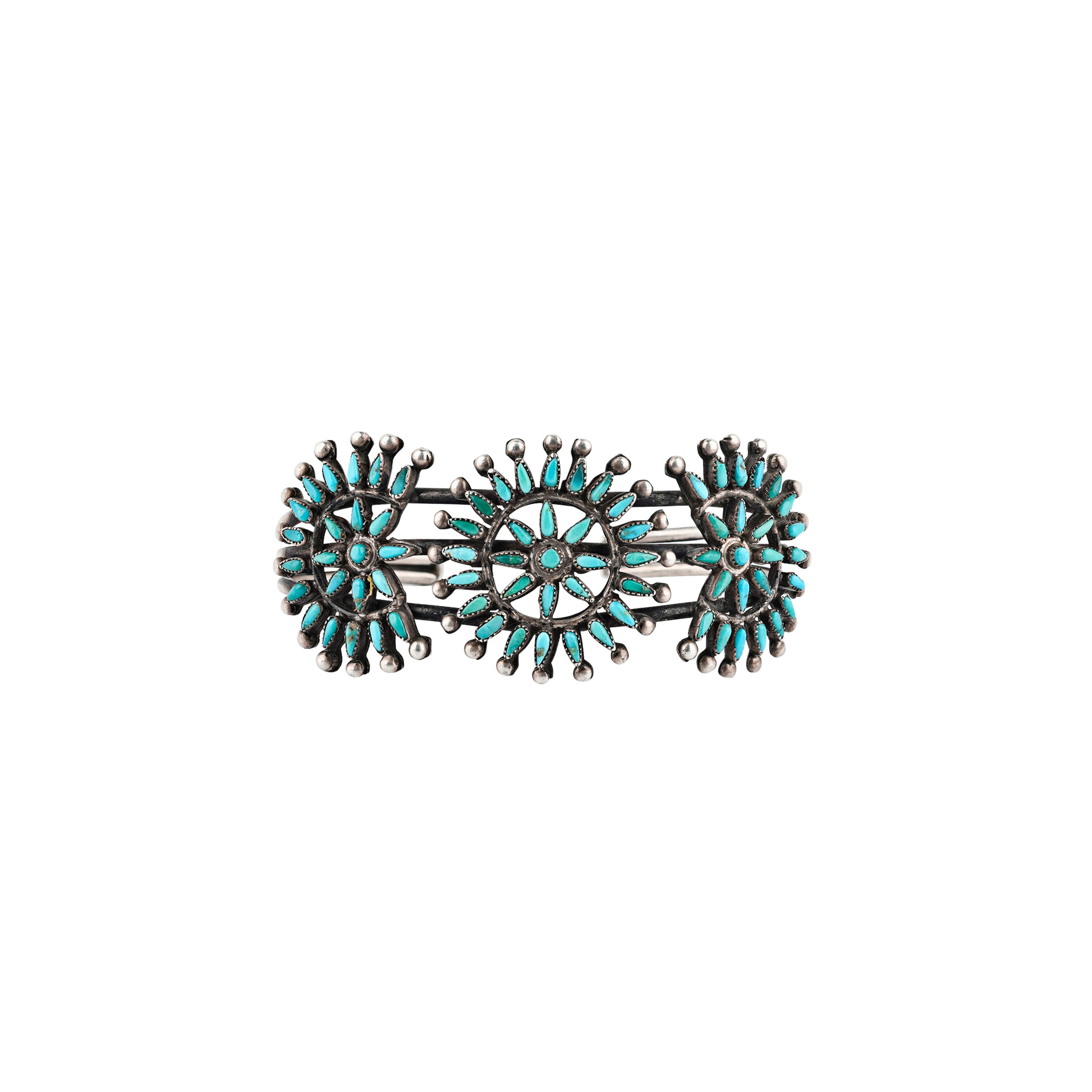 Vintage Zuni Eclipse Cuff (c.1940's), native, sterling silver, Fox turquoise, hand cut stone, saw tooth bezel, made in USA, accessory