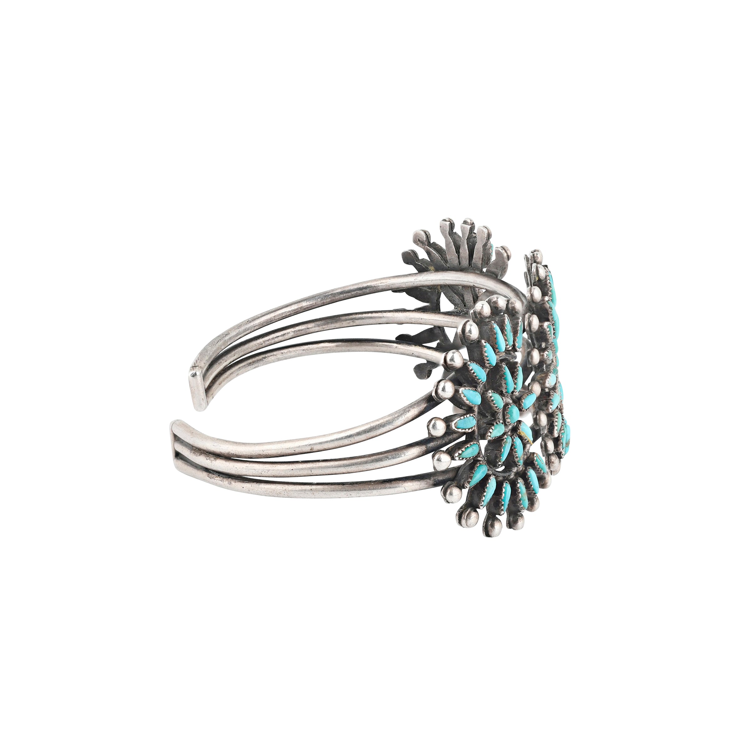 Vintage Zuni Eclipse Cuff (c.1940's), native, sterling silver, Fox turquoise, hand cut stone, saw tooth bezel, made in USA, accessory