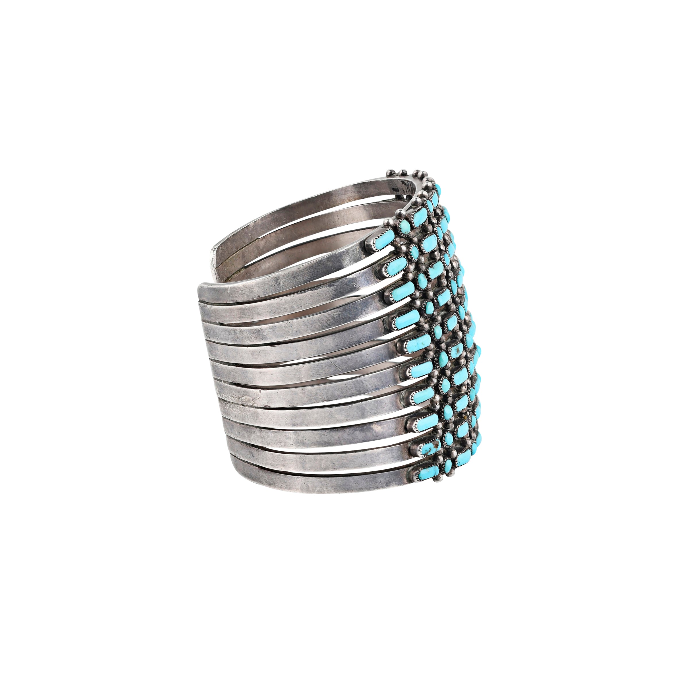 Rare Vintage Zuni Lone Mountain Turquoise Row Cuff (c.1940's), native, sterling silver, accessory, made in USA
